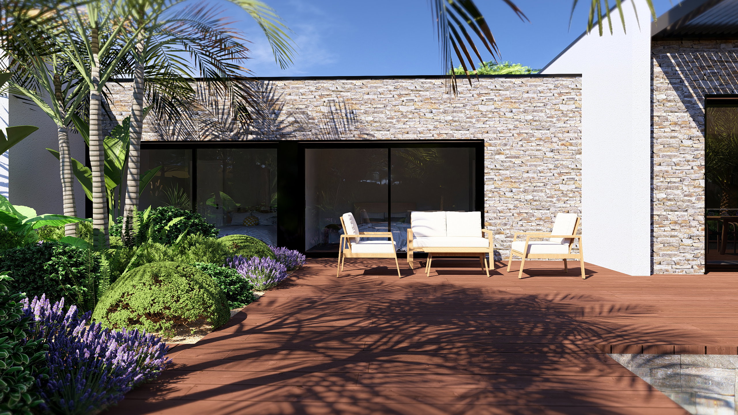 A built-in living room overlooking the garden