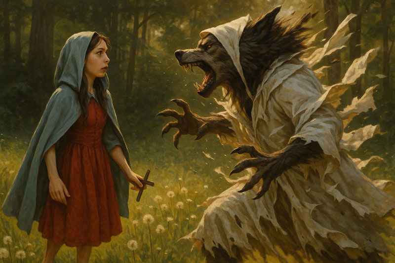 Vlk v bílém převleku mohutní, jeho roucho se trhá, a v temném výpadu se vrhá na matku Červené karkulky.