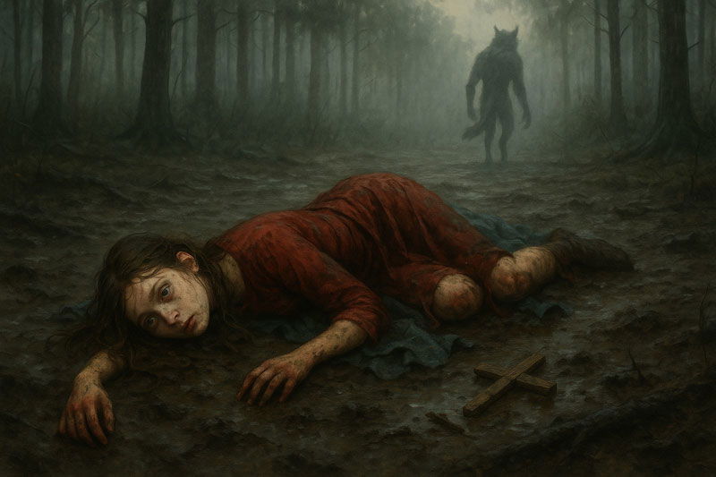 Matka Červené karkulky leží zlomená v mokré hlíně, pohled prázdný. V dálce odchází vlk, klidný a nezadržený.