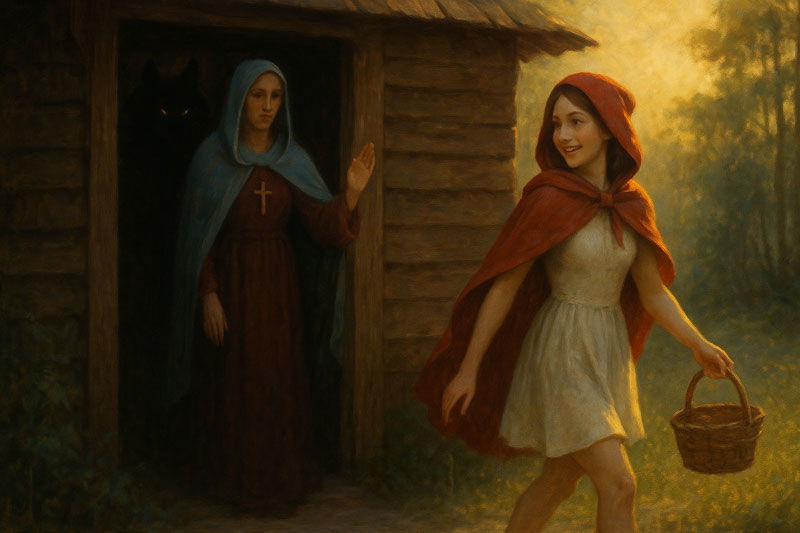 Když Karkulka odchází do světa, vlk zůstává u matky — stín, který nebyl zabit, jen mlčí ve tmě za jejími zády.