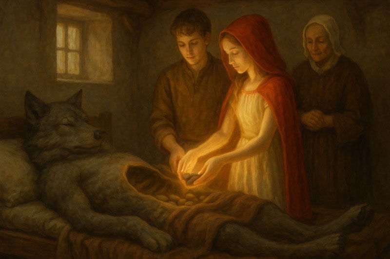 Červená karkulka dává do břicha kameny