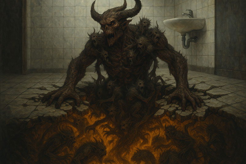 Jeden z démonů prorazil. Napůl ještě uvězněný v temnotě sklepa, ale už natahuje paže do světa nahoře. Jeho tělo je spletené z menších démonků – starých bolestí, hlasů, vzpomínek – které se s ním sápejí ven. Prasklá podlaha už nestačí držet to všechno zavřené. Co bylo dole, chce být konečně viděno.
