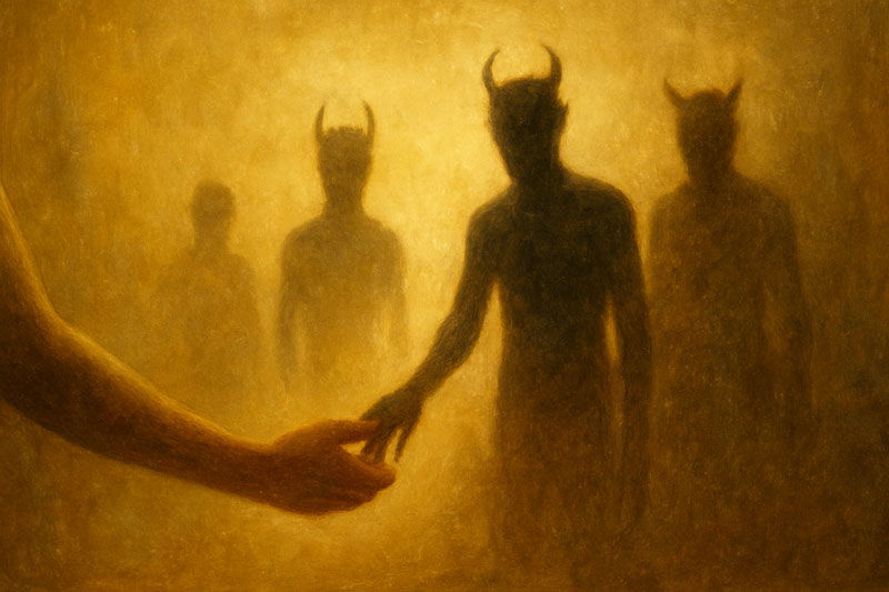 „Démon už nestojí proti nám. Nestojí ani pod námi. Je tu. V prostoru, který jsme mu dovolili sdílet. Bez křiku, bez násilí. Jen tím, že ho vidíme, ztrácí svou ničivou moc. Přijetí neznamená souhlas. Znamená pravdivost. A jen tam, kde jsme pravdiví, může začít uzdravení.