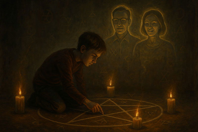 Dítě – stále ještě malé, ale už posedlé svou bolestí – kreslí na zem magické symboly, zapaluje svíčky a tiše pronáší slova, která mají přivolat božstva. Ale nejsou to andělé, koho volá. Jsou to obrazy matky a otce, jaké by chtělo mít. Obřadem se snaží ovládnout své rodiče – přetvořit je podle svých představ, vynutit si lásku, kterou nedostalo. Nevidí přitom, že skutečná láska se nemůže vyvolat jako kouzlo. A že tímhle obřadem zůstává navždy dítětem.