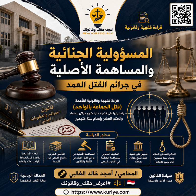 المسؤولية الجنائية والمساهمة الأصلية في جرائم القتل العمد: قراءة فقهية وقانونية لقاعدة (قتل الجماعة بالواحد) وتطبيقها على قضية خلية شارع خولان بصنعاء والحكم الصادر بإعدام ستة متهمين.