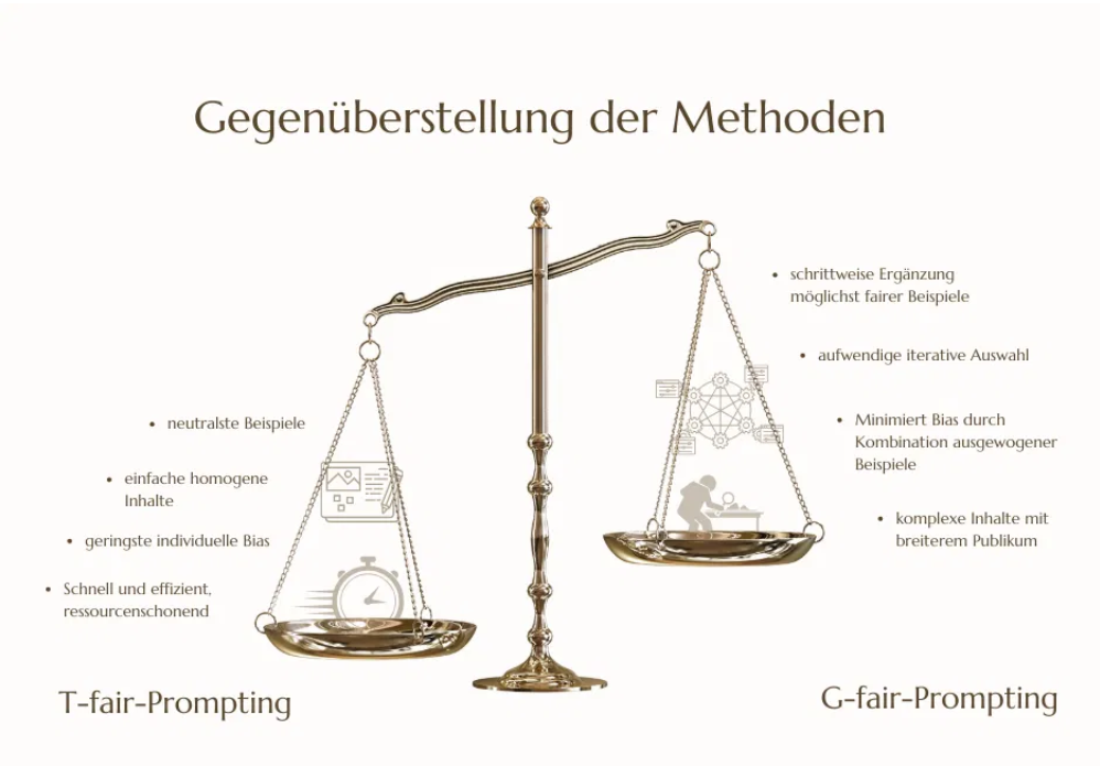Das Bild zeigt eine Gegenüberstellung T-Fair- vs. G-Fair-Prompting