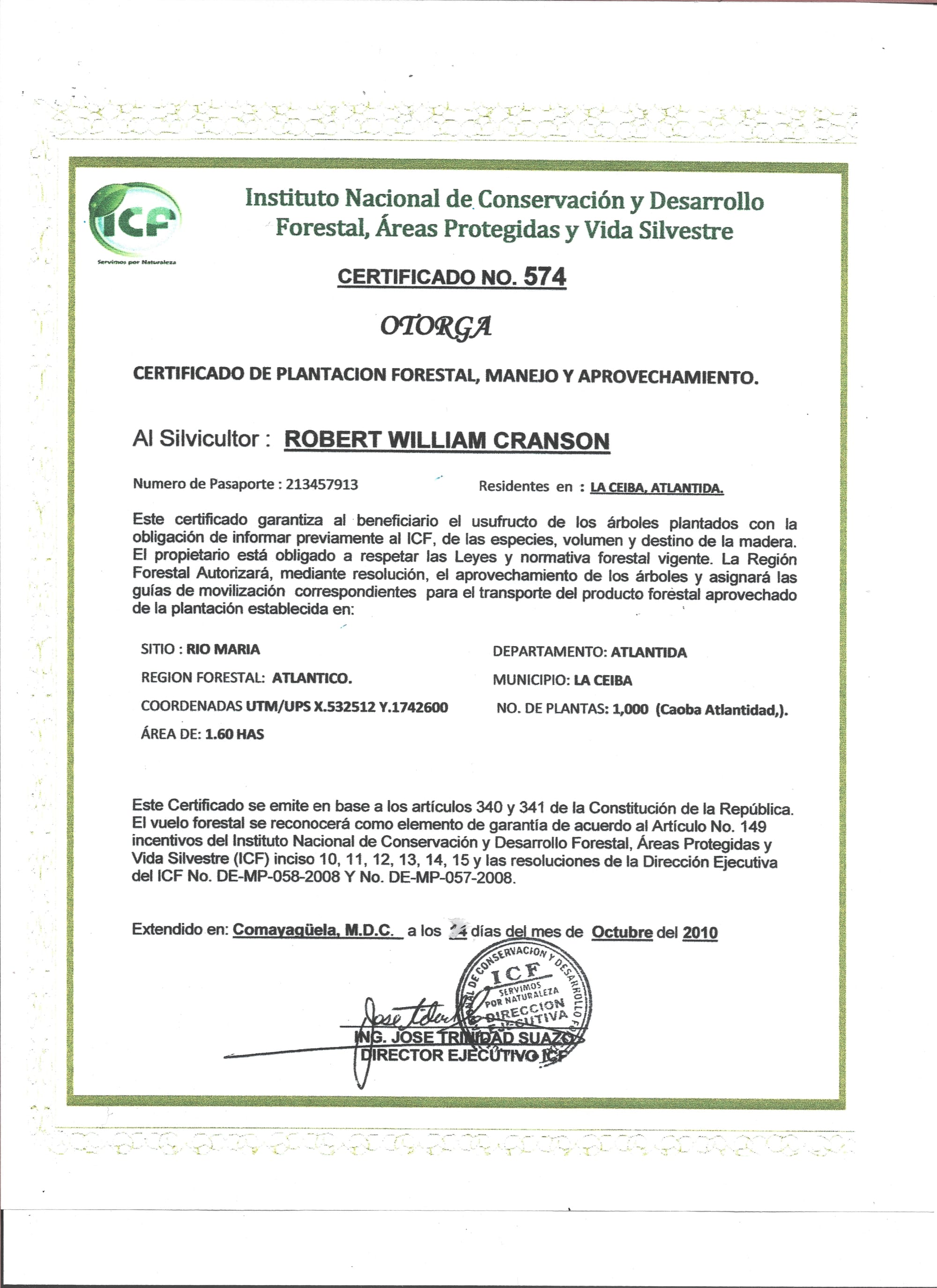 Permit from the Honduran government to plant mahogany trees
