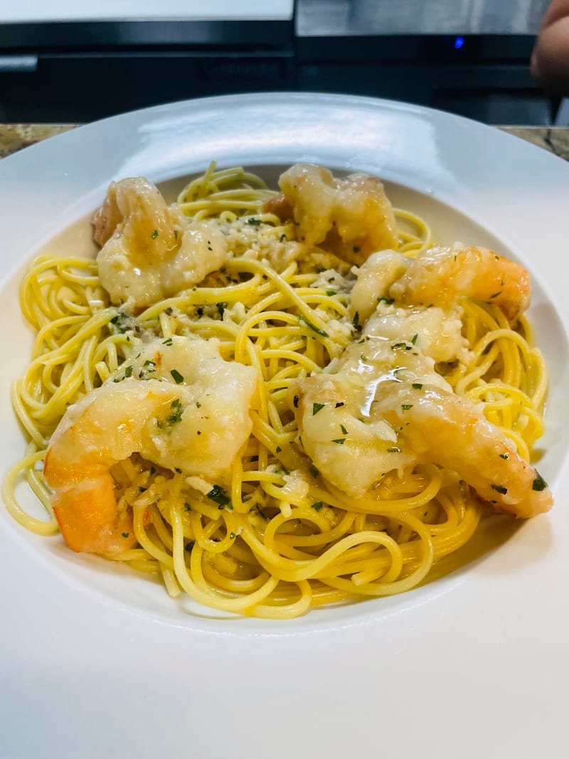 Shrimp Scampi over Spaghetti