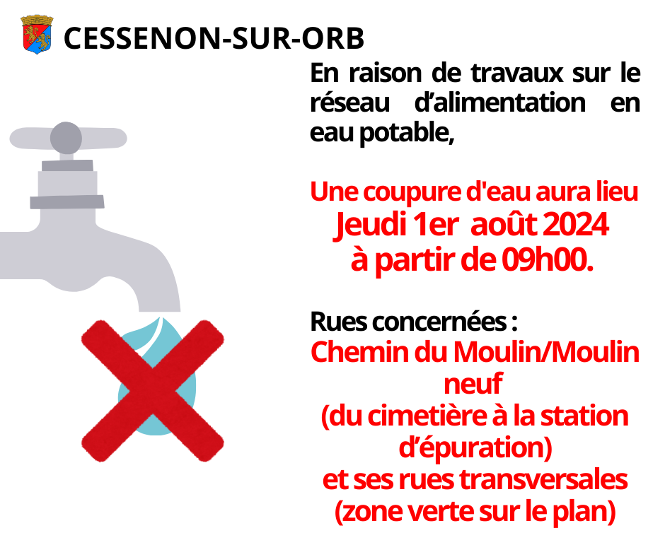 Coupure d'eau - Jeudi 1er août 2024 à partir de 09h00