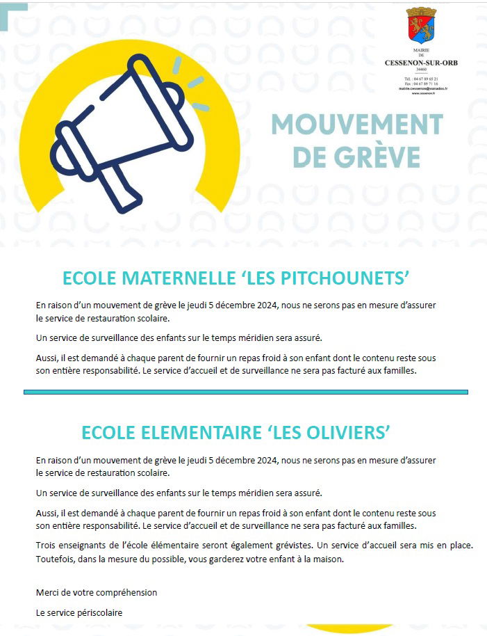 Mouvement de grève - jeudi 5 décembre 2024 - service restauration scolaire & 3 enseignants à l'école élémentaire