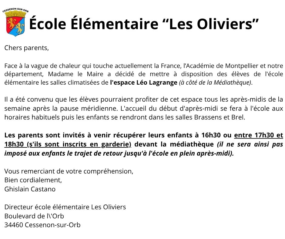 Information délocalisation de l'accueil des enfants les après-midi de l'école élémentaire "Les Oliviers"