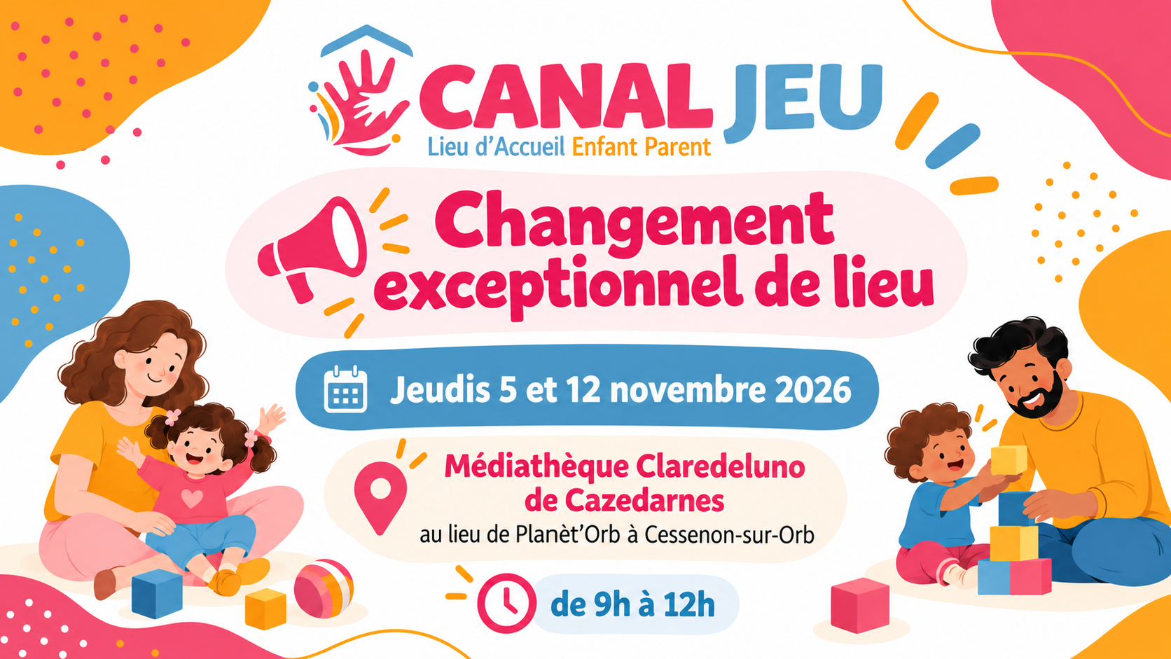 CANAL JEU - Changement exceptionnel de lieu les jeudis 5 et 12 novembre 2026