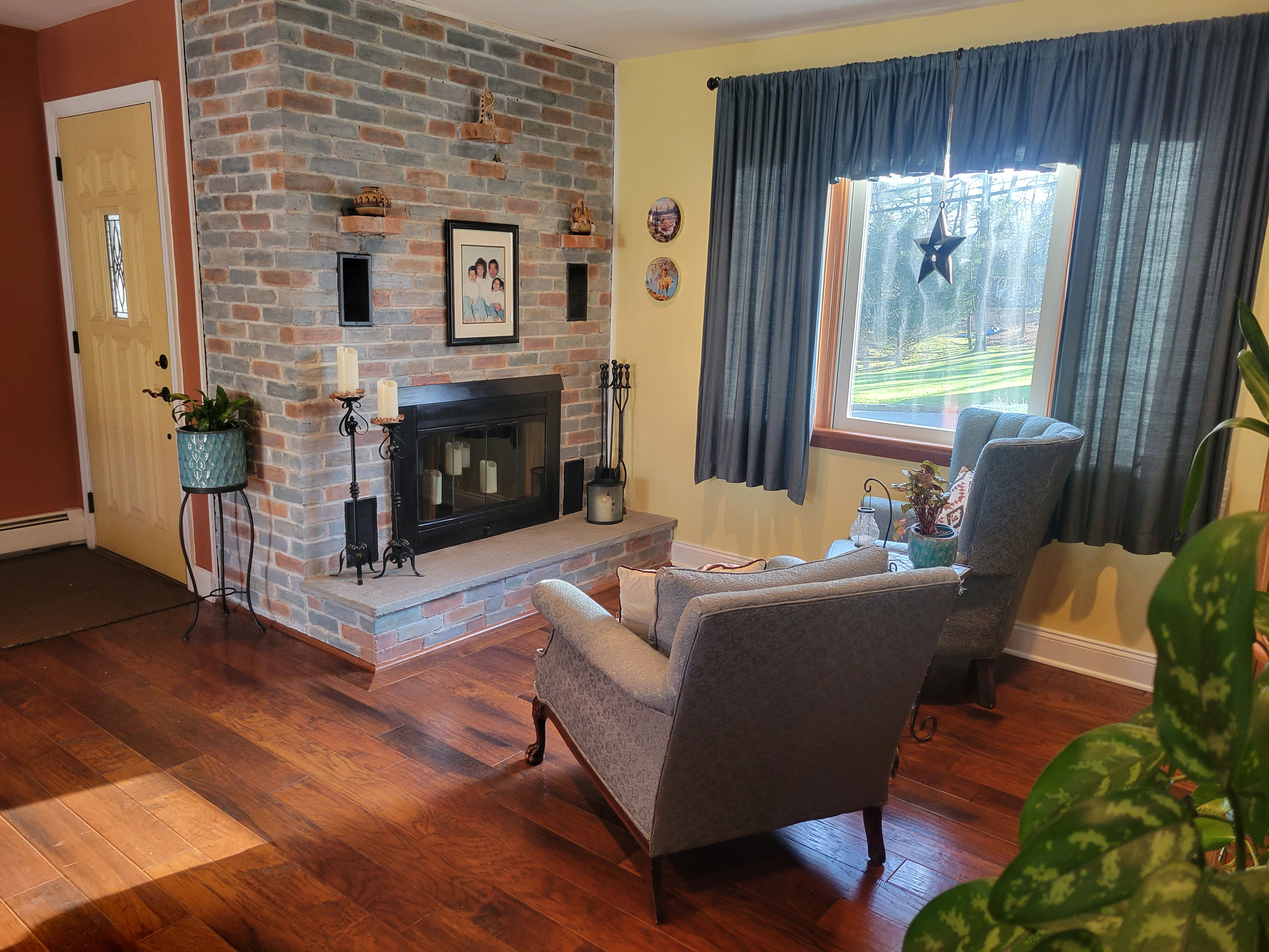 After:  Cozy coffee and chat space; REvived the use of my grandmother’s antique chairs.