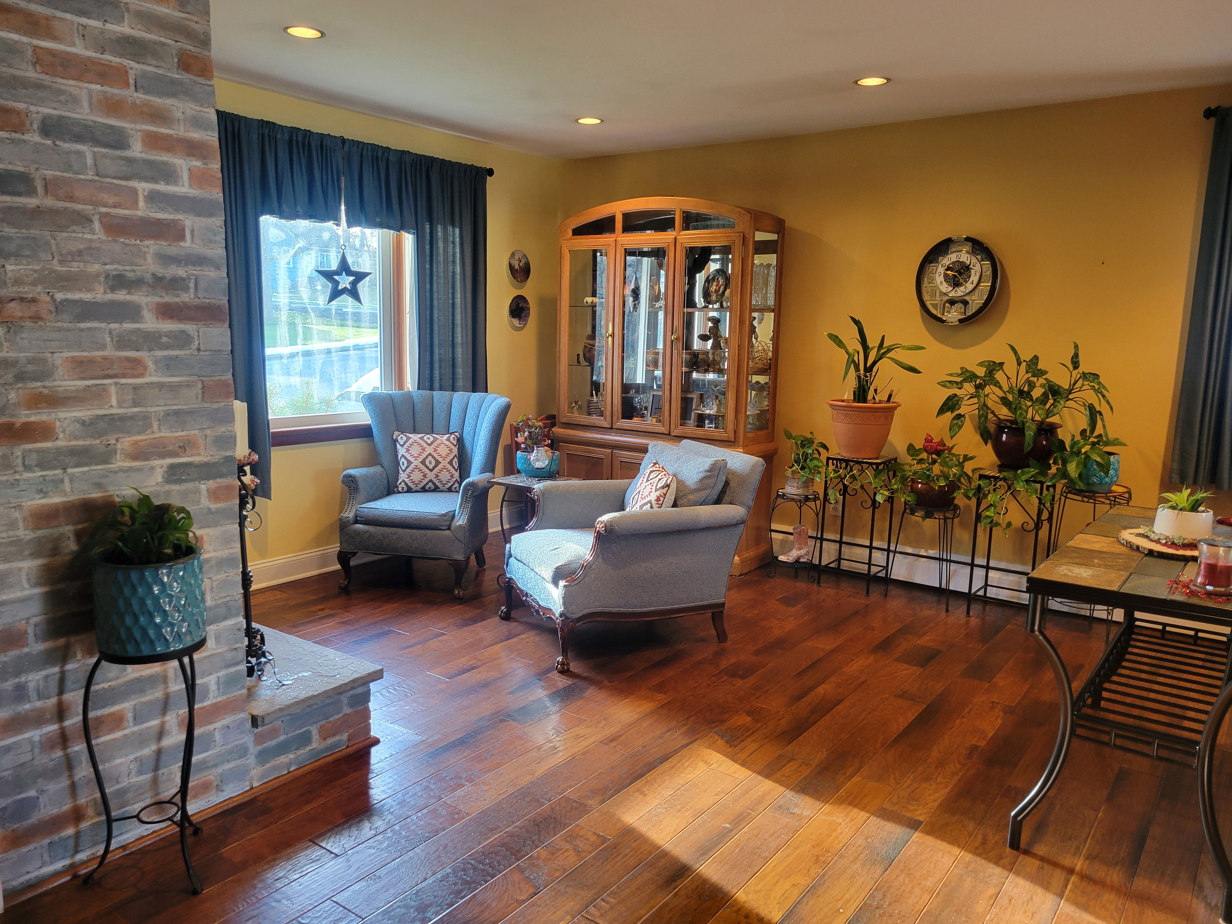 After:  Cozy coffee and chat space; REvived the use of my grandmother’s antique chairs.