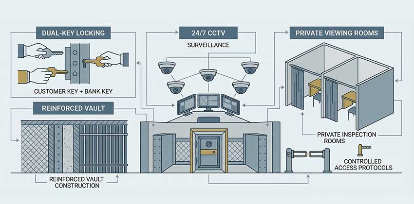 Illustration showing security layers: dual-key system, vault construction, CCTV cameras, and private viewing rooms