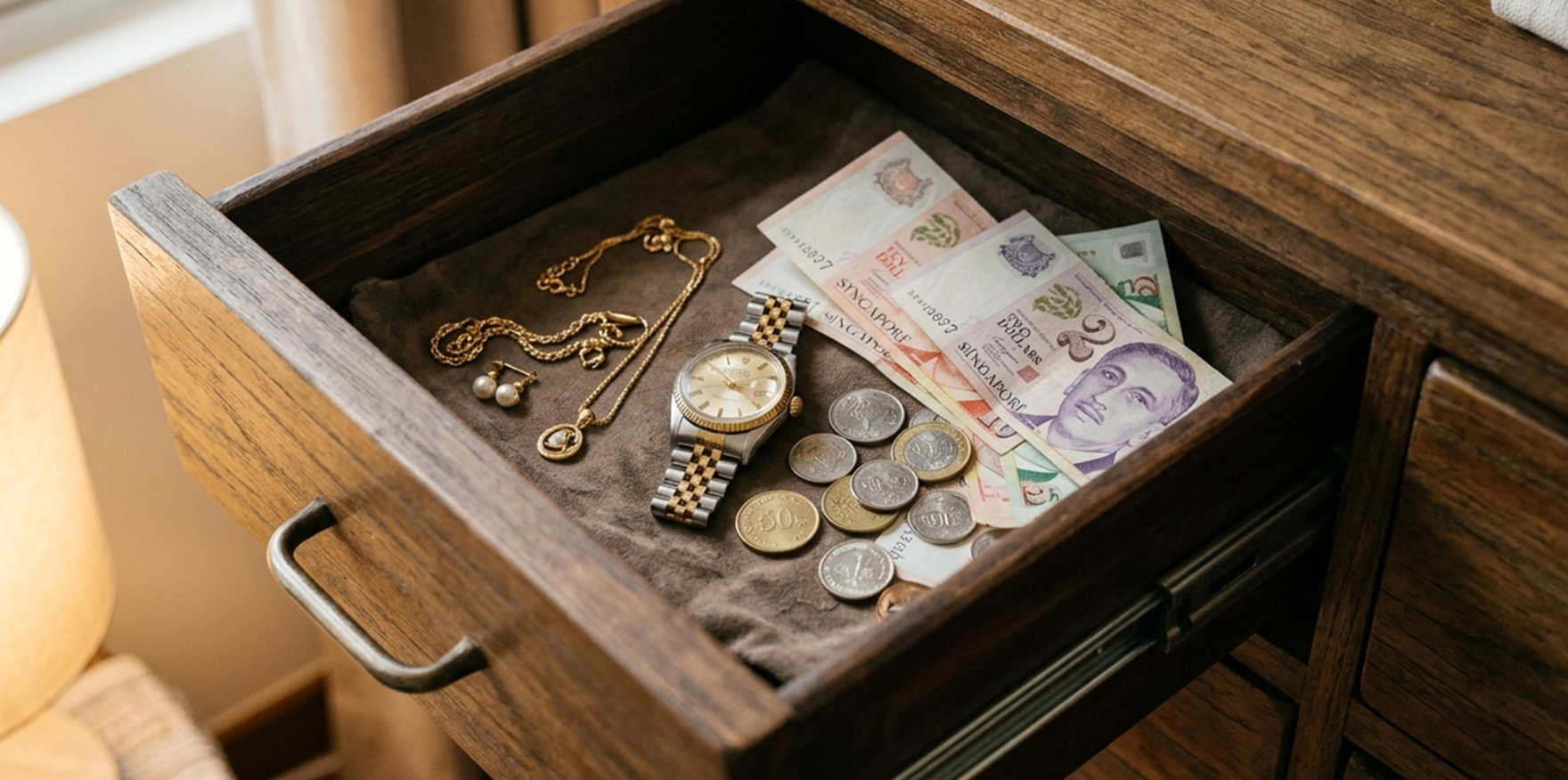 Gold jewelry and valuables left unsecured inside a home drawer, illustrating the risks of home storage in Singapore