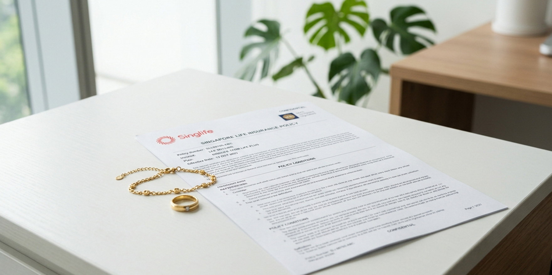 A home insurance policy document next to a piece of jewelry, representing the coverage limits for valuables in Singapore I