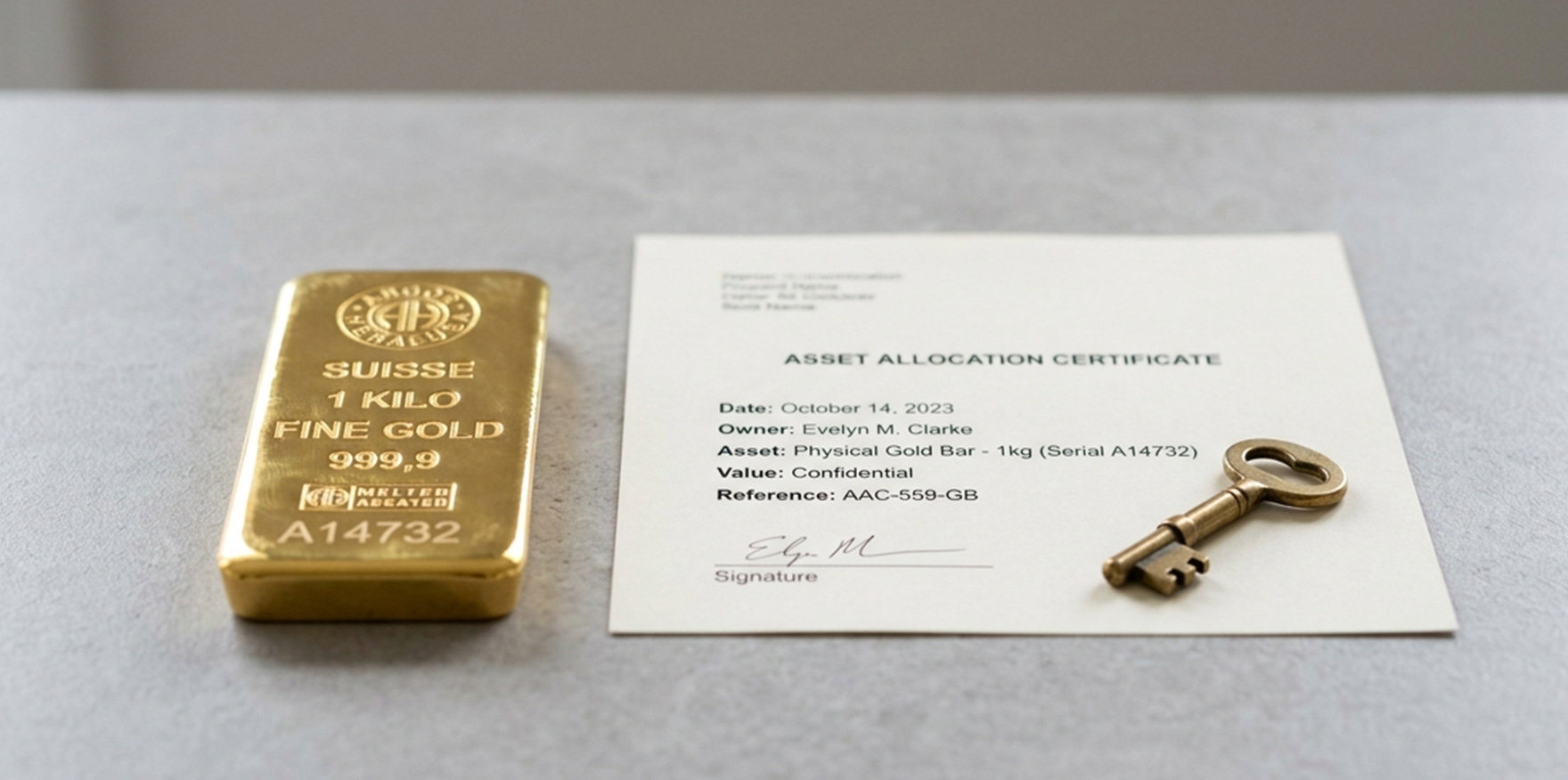 Gold bar alongside a document and key representing allocated storage and ownership decisions for bullion investors