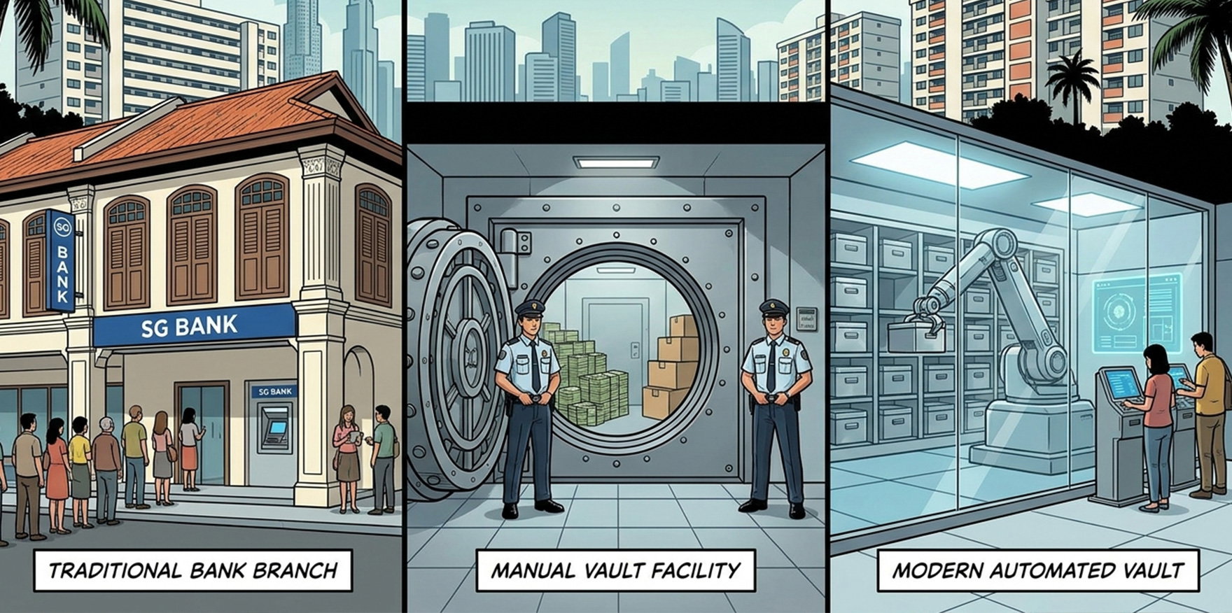 Comparison of safe deposit box provider types in Singapore including banks, manual operators, and automated vaults