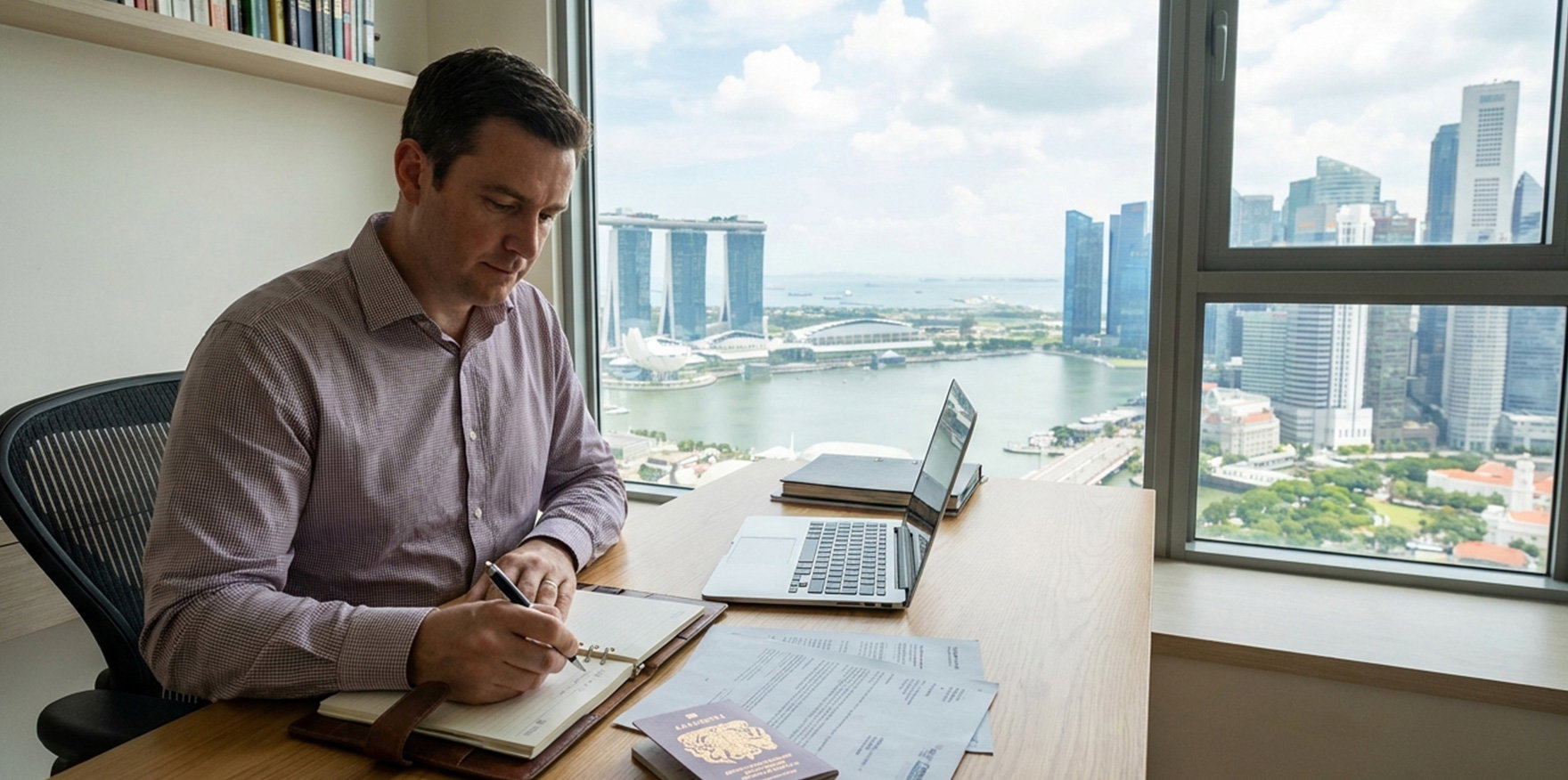 Expat professional organizing important documents and valuables checklist upon relocating to Singapore