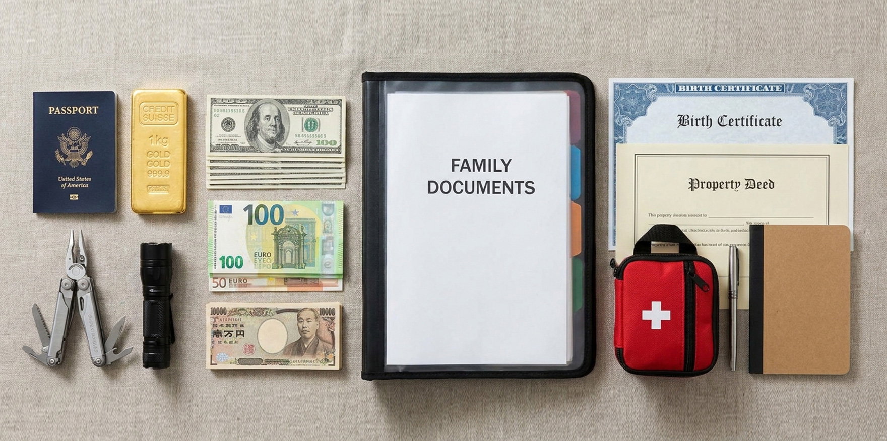 Emergency preparedness checklist items for expats in Singapore including passport, gold, cash, and important documents