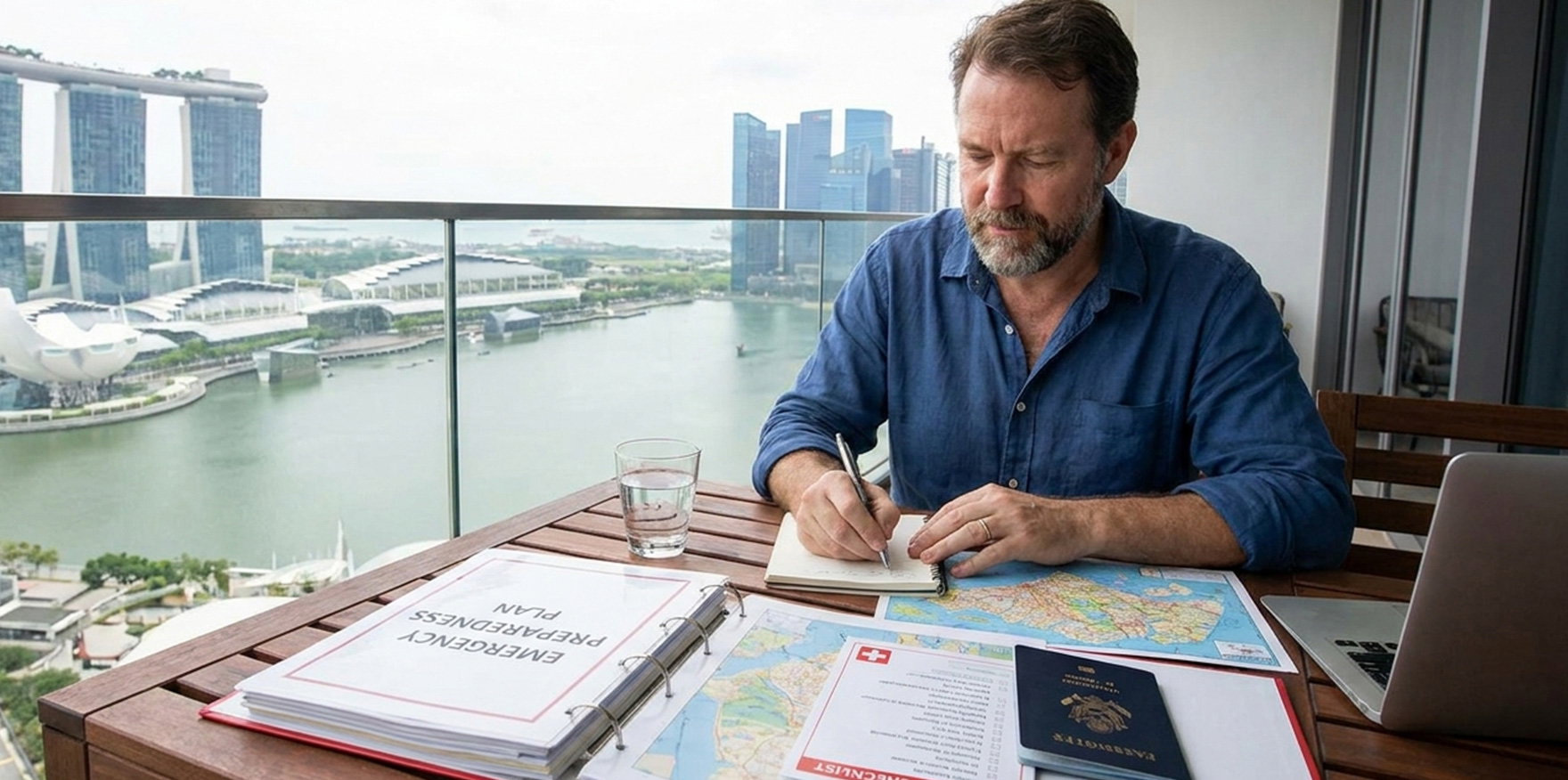 Expat professional creating an emergency preparedness action plan with documents and passport in Singapore