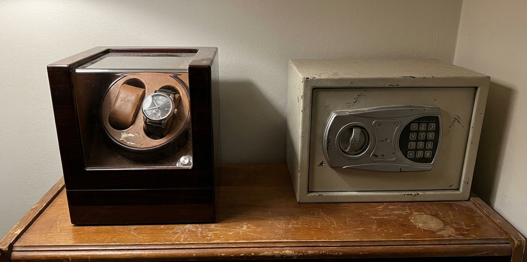Watch winder box and home safe with limited protection for valuables