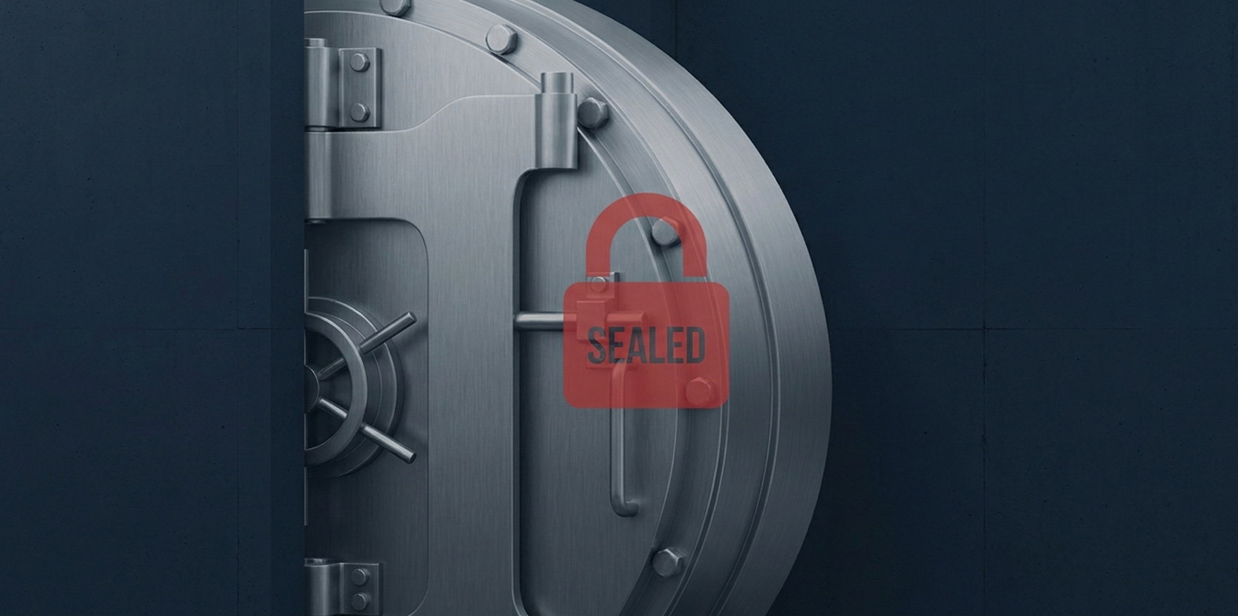 Bank vault door with a sealed padlock icon, illustrating a safe deposit box locked after the holder's death.