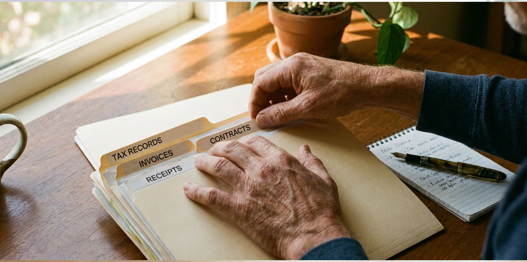 Hands organizing labeled estate documents, representing how an executor prepares in advance.