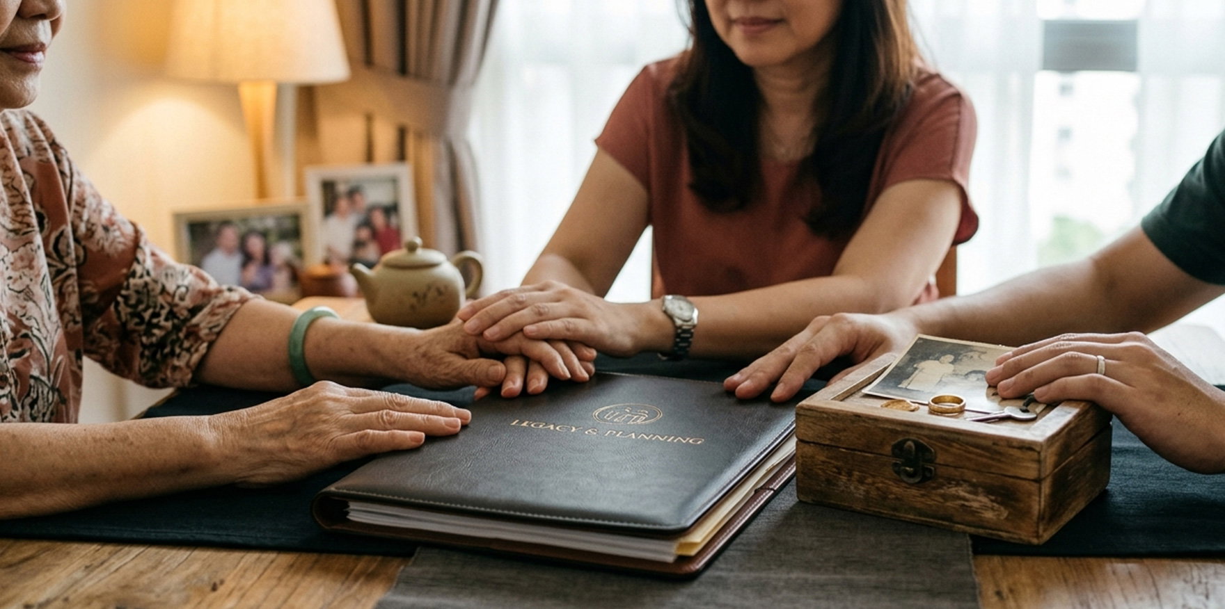 Family reviewing a folder of documents, representing the importance of planning ahead to protect loved ones.