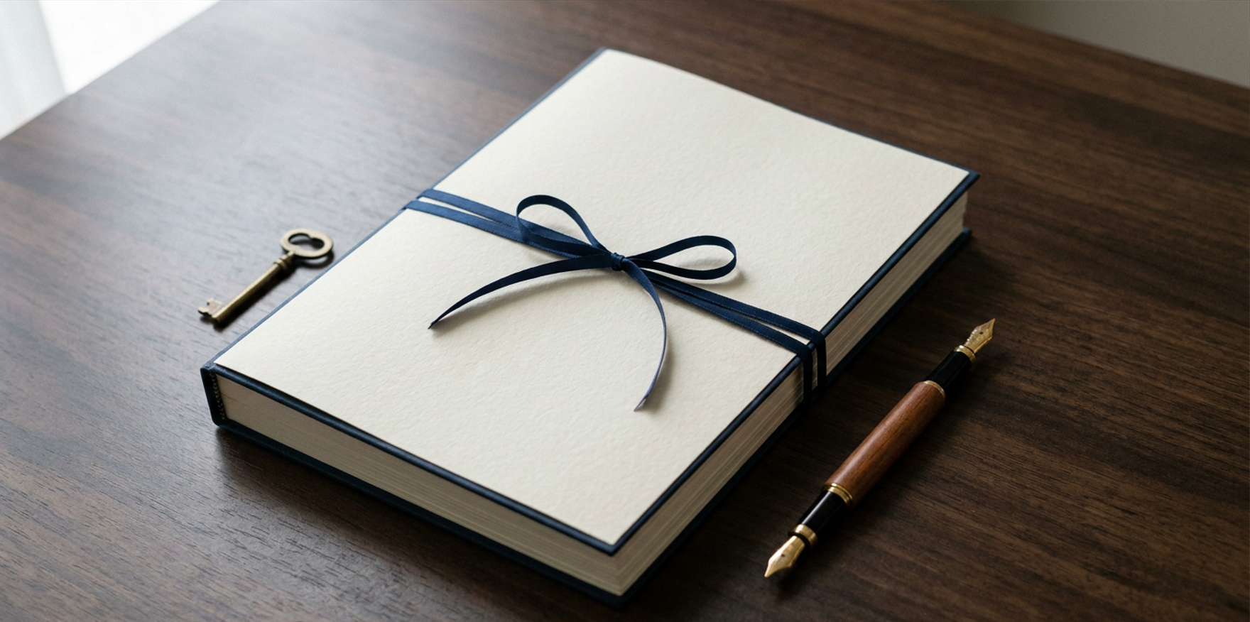 Original will document tied with a ribbon, placed on a desk beside a pen and key