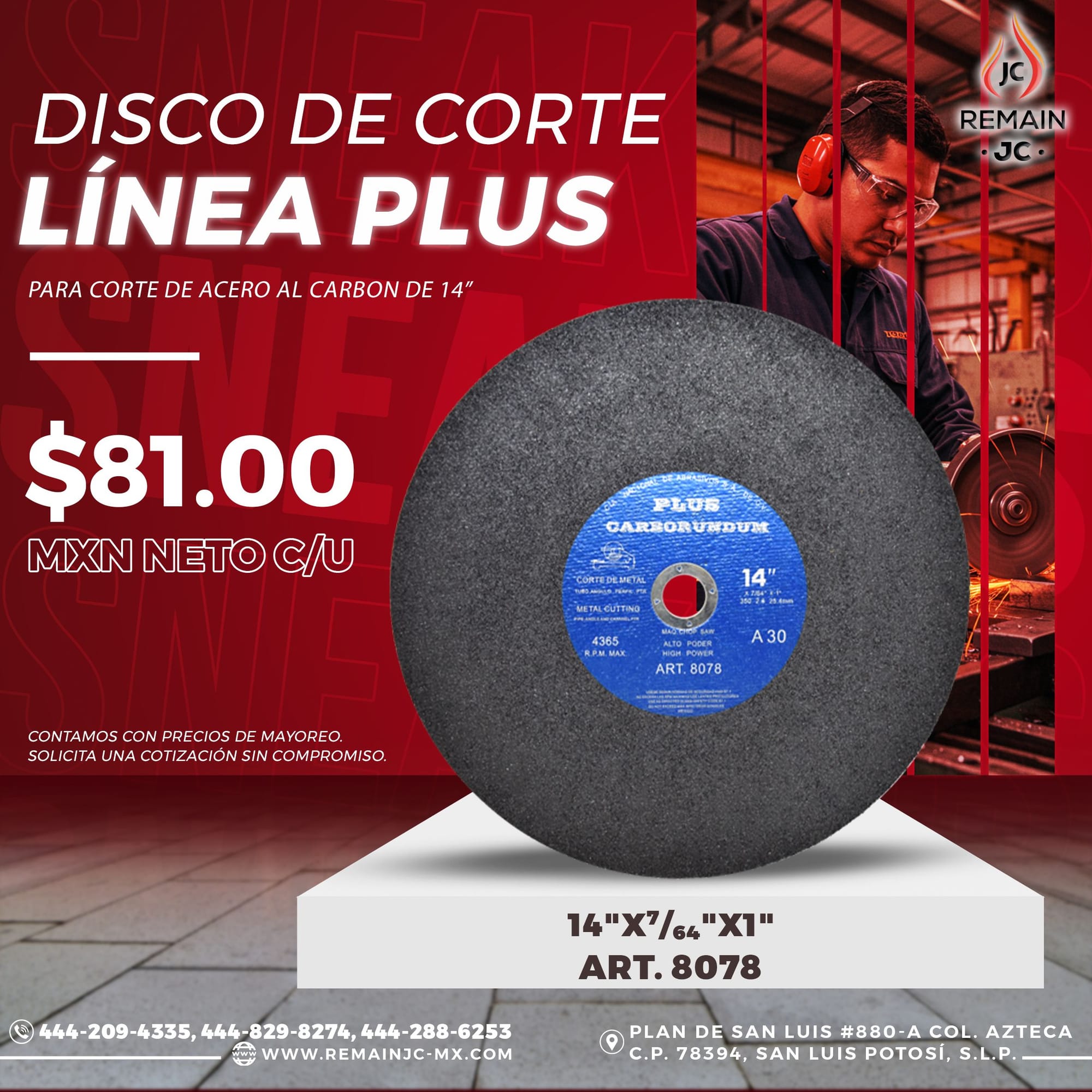 DISCO DE CORTE PARA ACERO AL CARBÓN de 14"