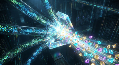 צינורות מידע דיגיטליים מזרימים נתונים גולמיים לתוך מנסרה שהופכת אותם ליהלומים זוהרים של תובנות.