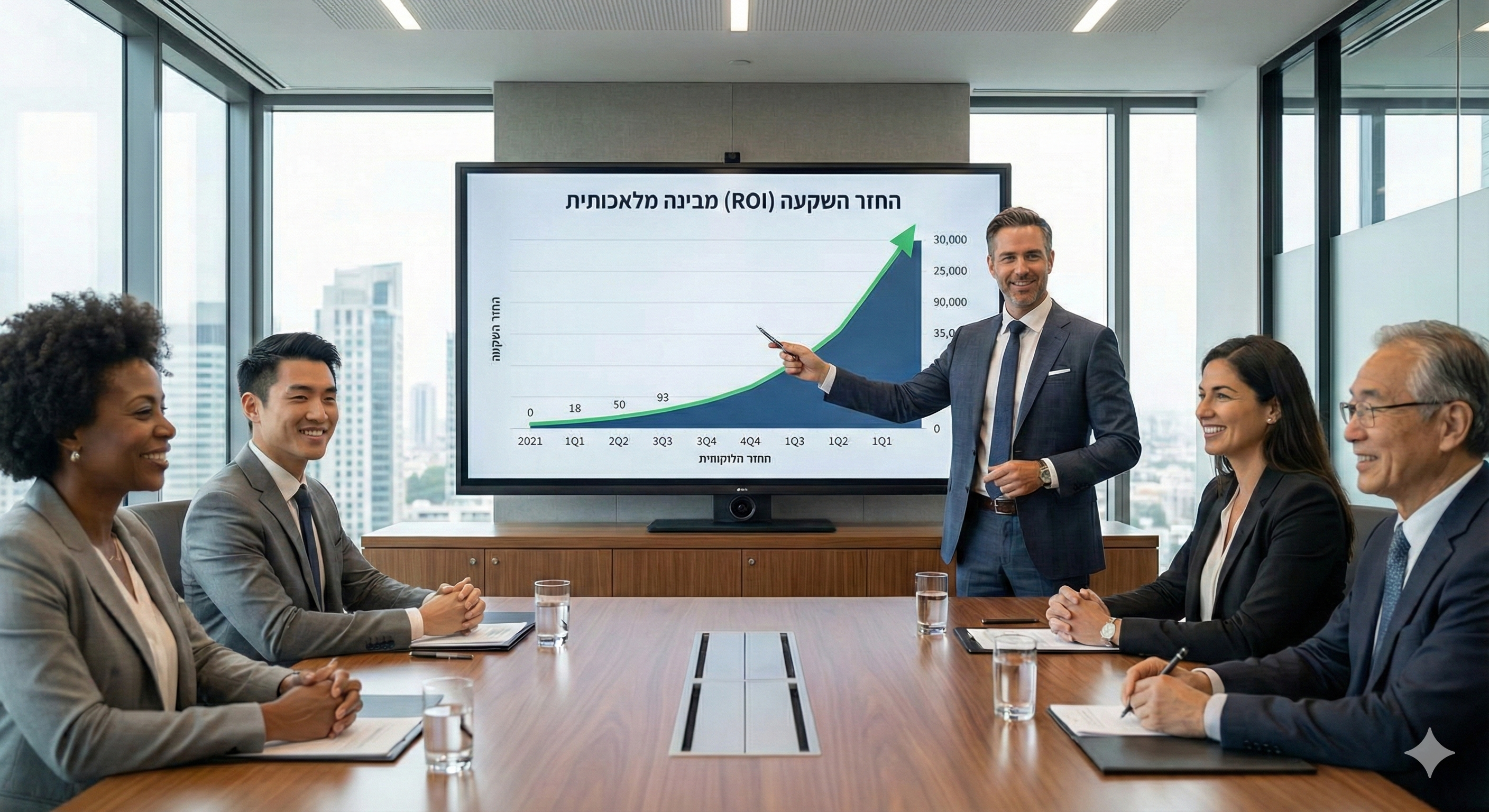 סמנכ"ל כספים מציג גרף עולה של החזר השקעה משימוש בבינה מלאכותית בישיבת דירקטוריון