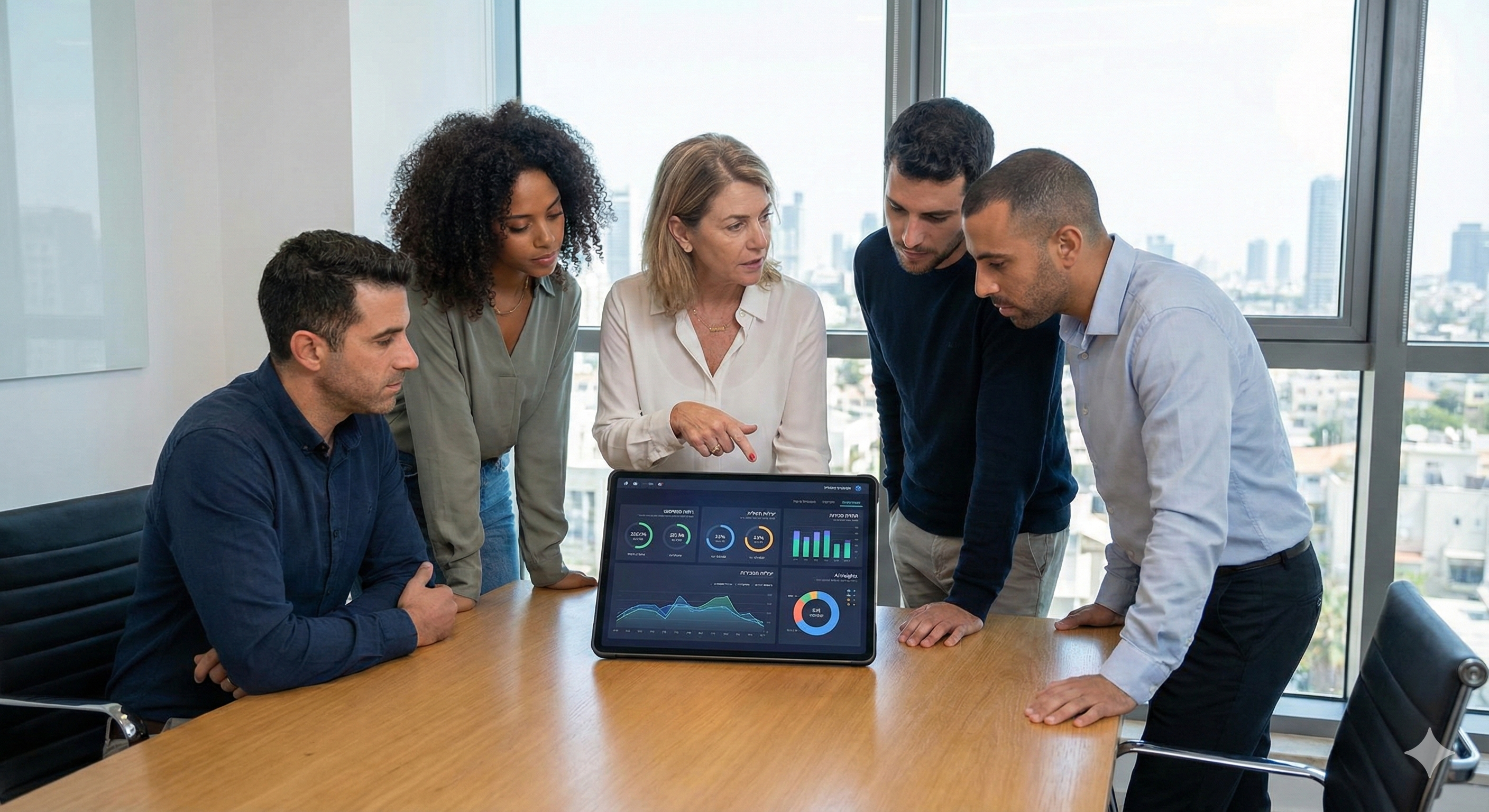 מנהלת וצוות עובדים יושבים סביב שולחן ומתבוננים בנתונים על מסך טאבלט המציג ניתוחי AI