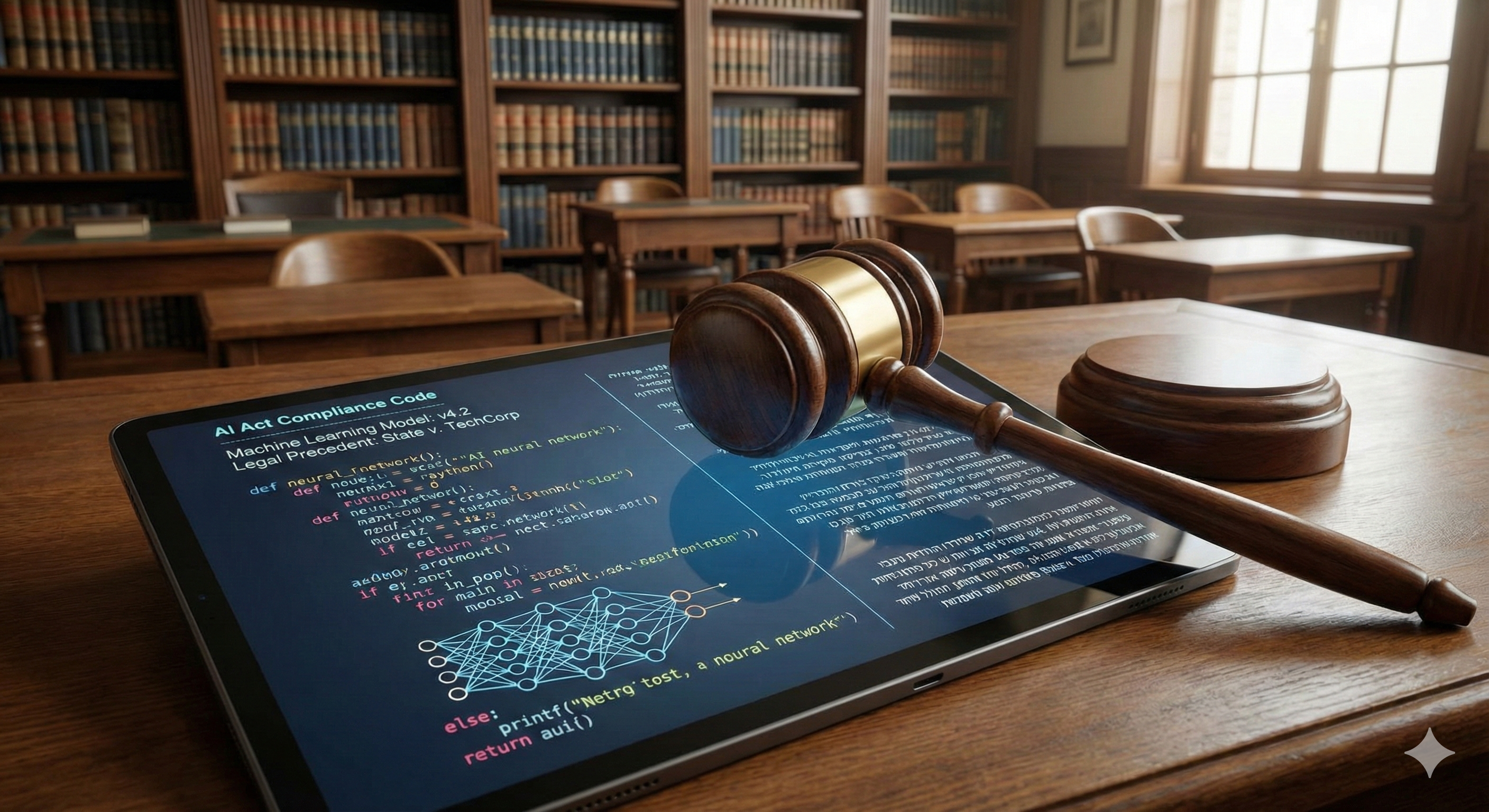פטיש שופטים מונח על גבי מסמך דיגיטלי המציג קוד בינה מלאכותית, הממחיש את השילוב בין משפט לטכנולוגיה