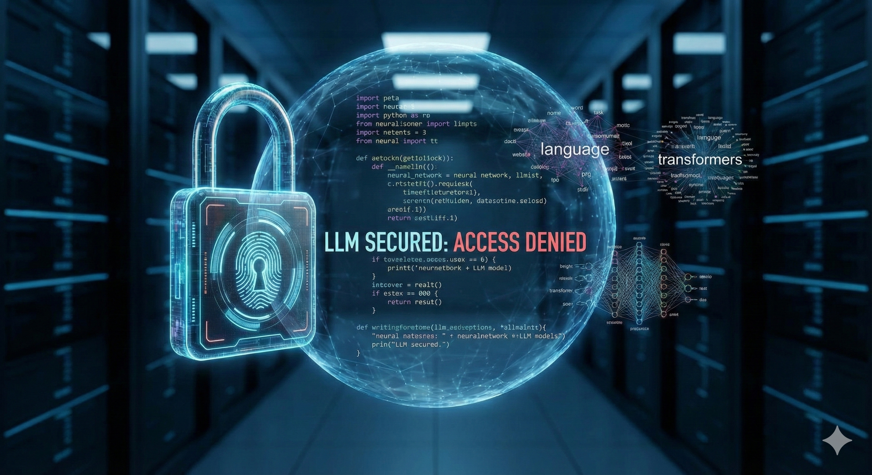 מנעול דיגיטלי זוהר נועל קוד של בינה מלאכותית, הממחיש את ההגנה על מודלי שפה