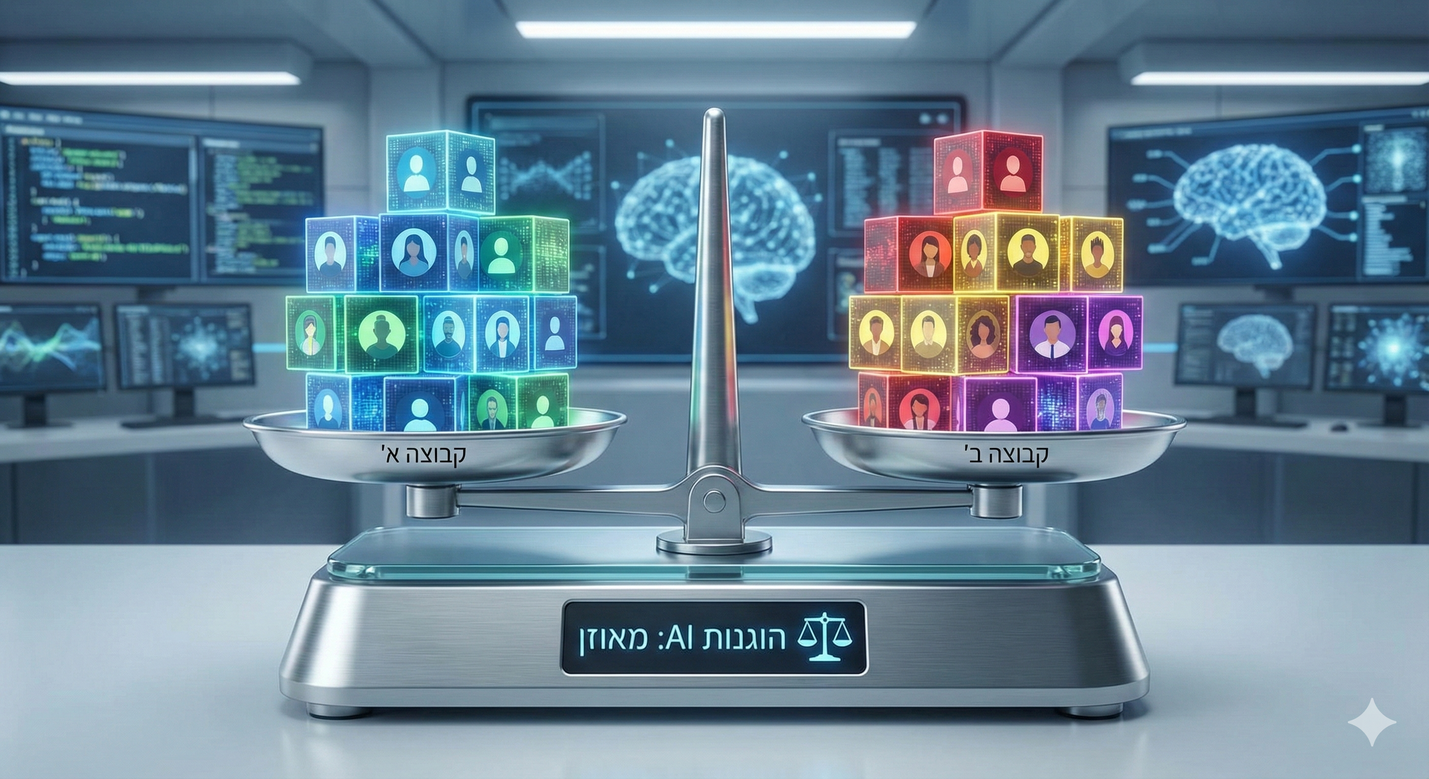 מאזניים דיגיטליים המאזנים בין קוביות נתונים בצבעים שונים, המסמלים הוגנות בבינה מלאכותית