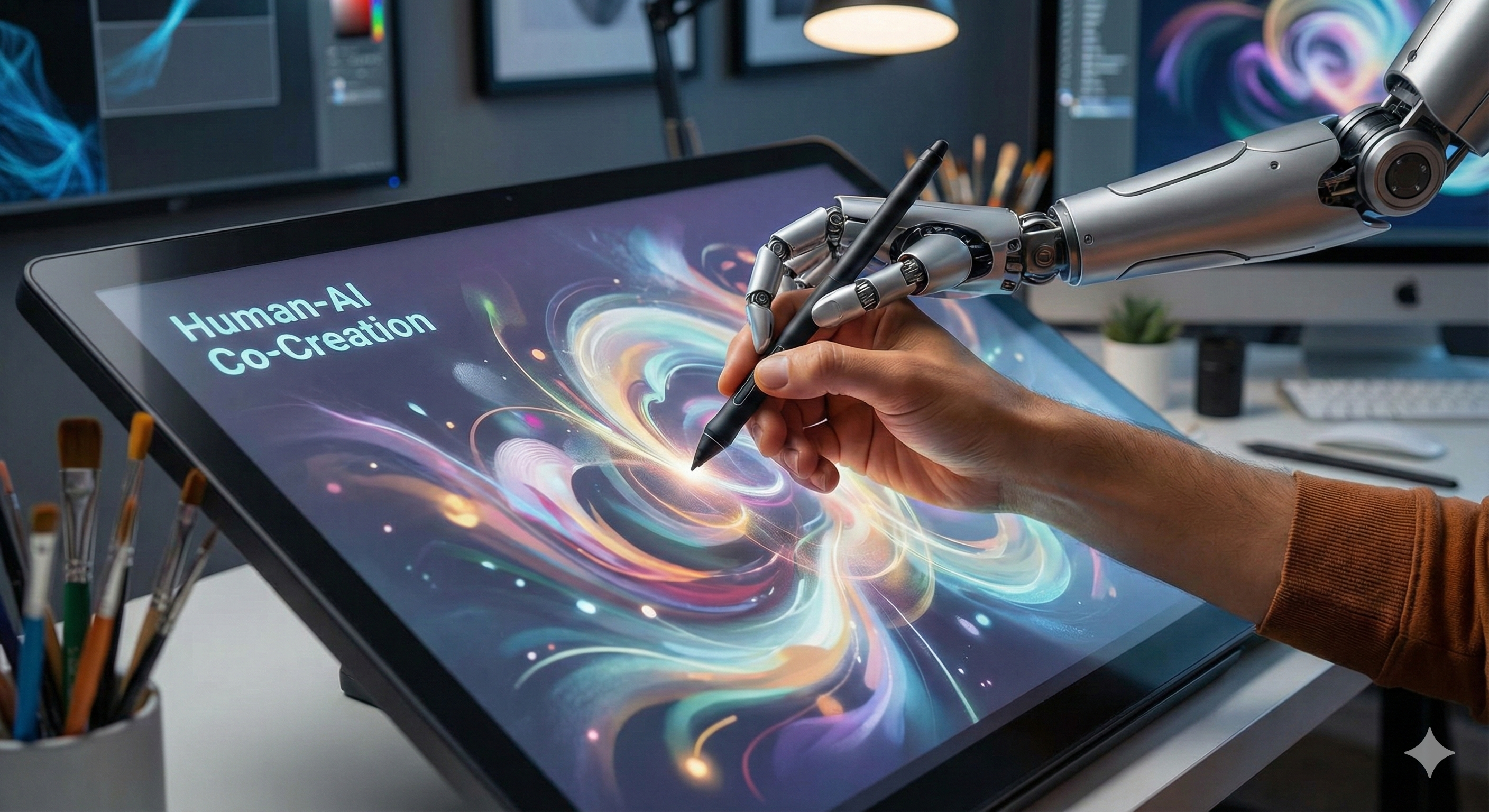 רובוט ויד אדם מציירים יחד על קנבס דיגיטלי, סמל לשיתוף פעולה אדם-מכונה ביצירה