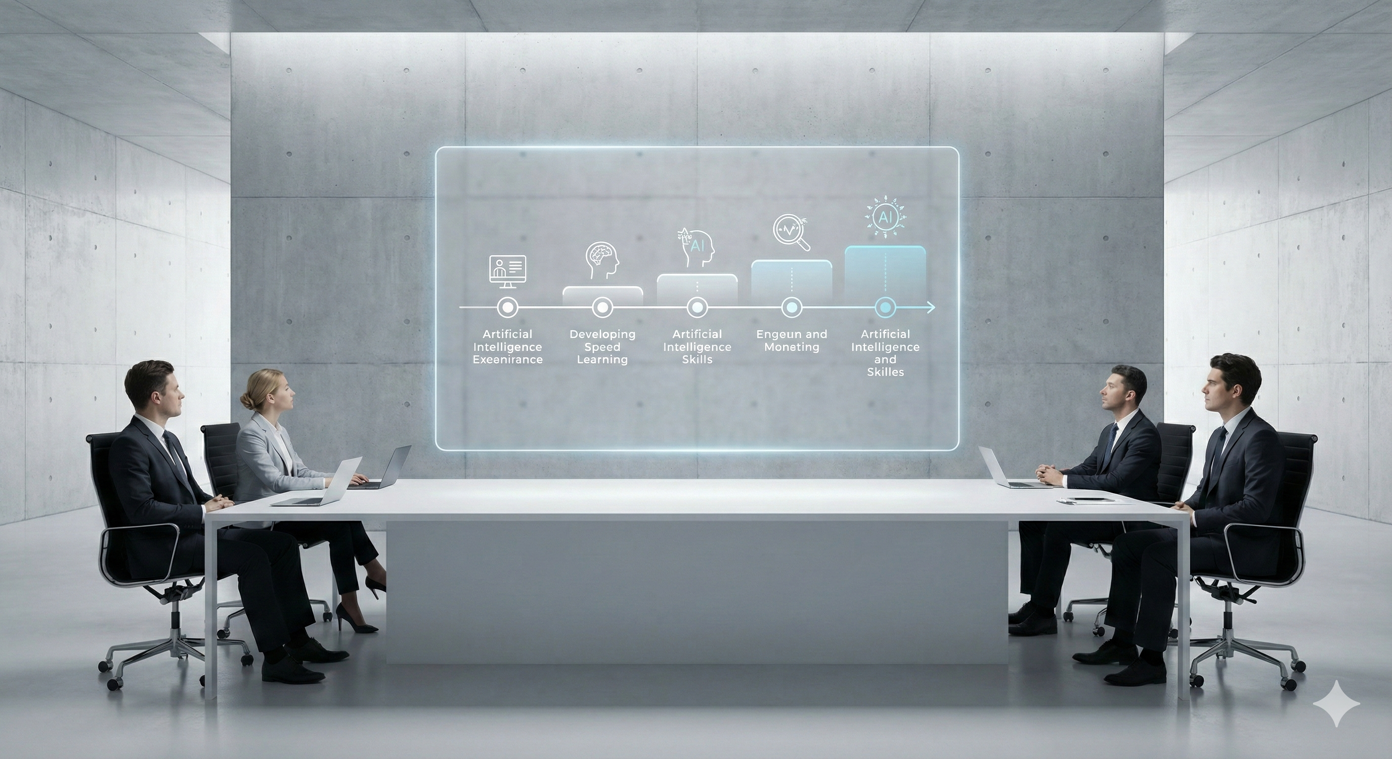 עובדים בחדר ישיבות מודרני צופים במצגת הולוגרפית המציגה מסלול למידה של מיומנויות בינה מלאכותית