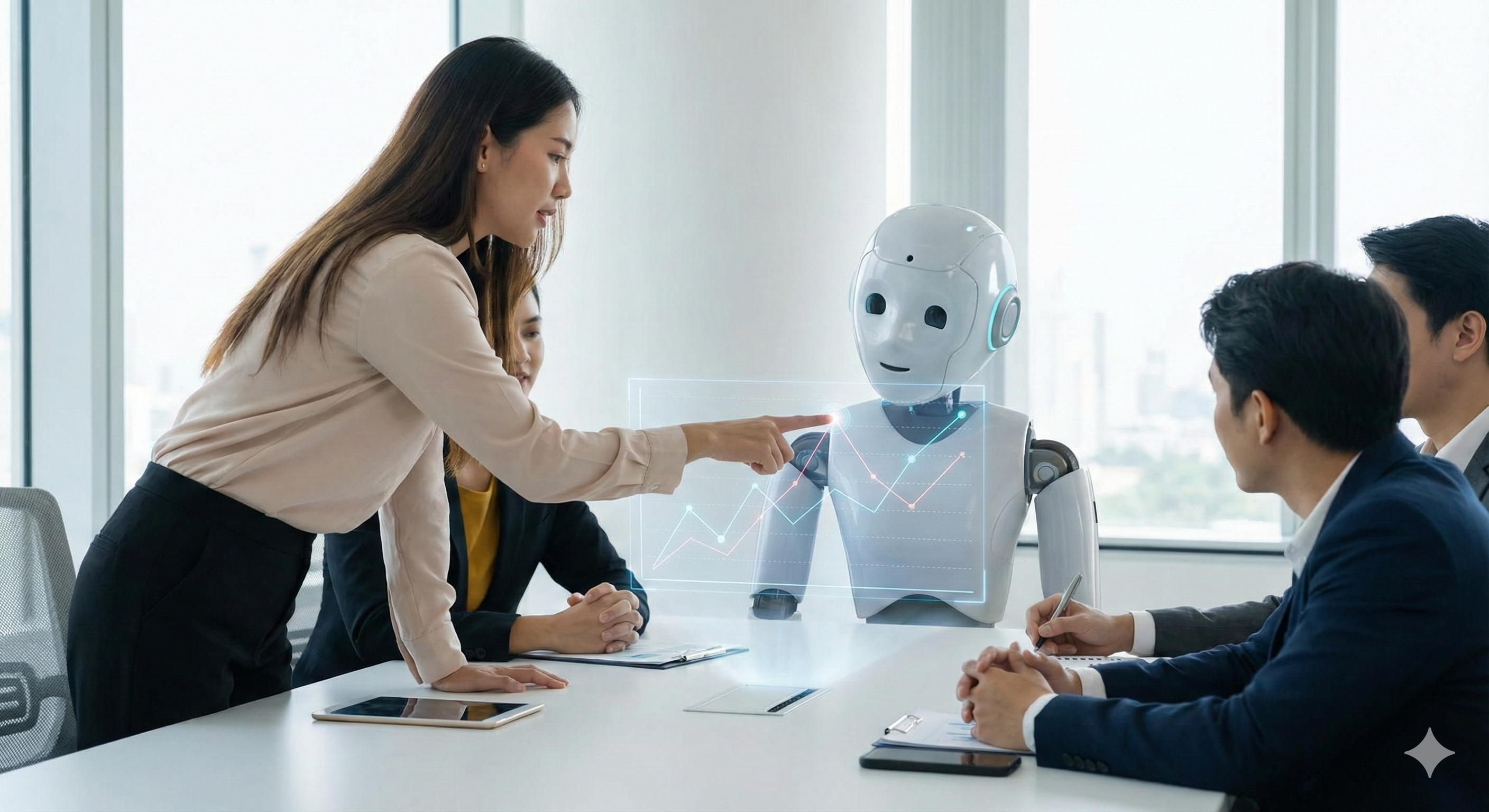 איור של רובוט וירטואלי יושב בשולחן ישיבות לצד עובדים אנושיים ומציג גרף תוצאות