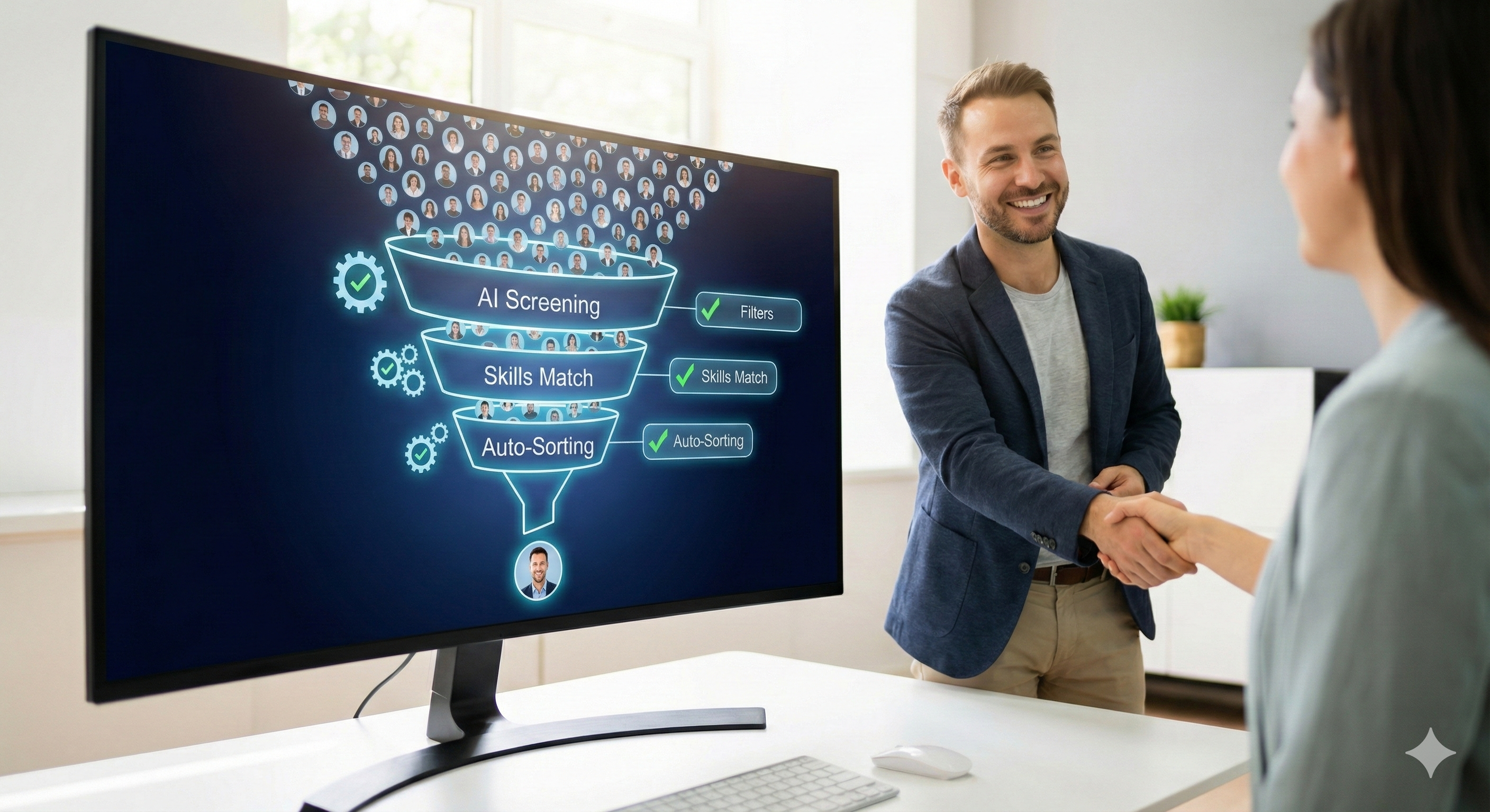 מסך מחשב מציג משפך גיוס דיגיטלי הממיין מועמדים באופן אוטומטי, כשמגייס אנושי לוחץ יד למועמד בסוף התהליך