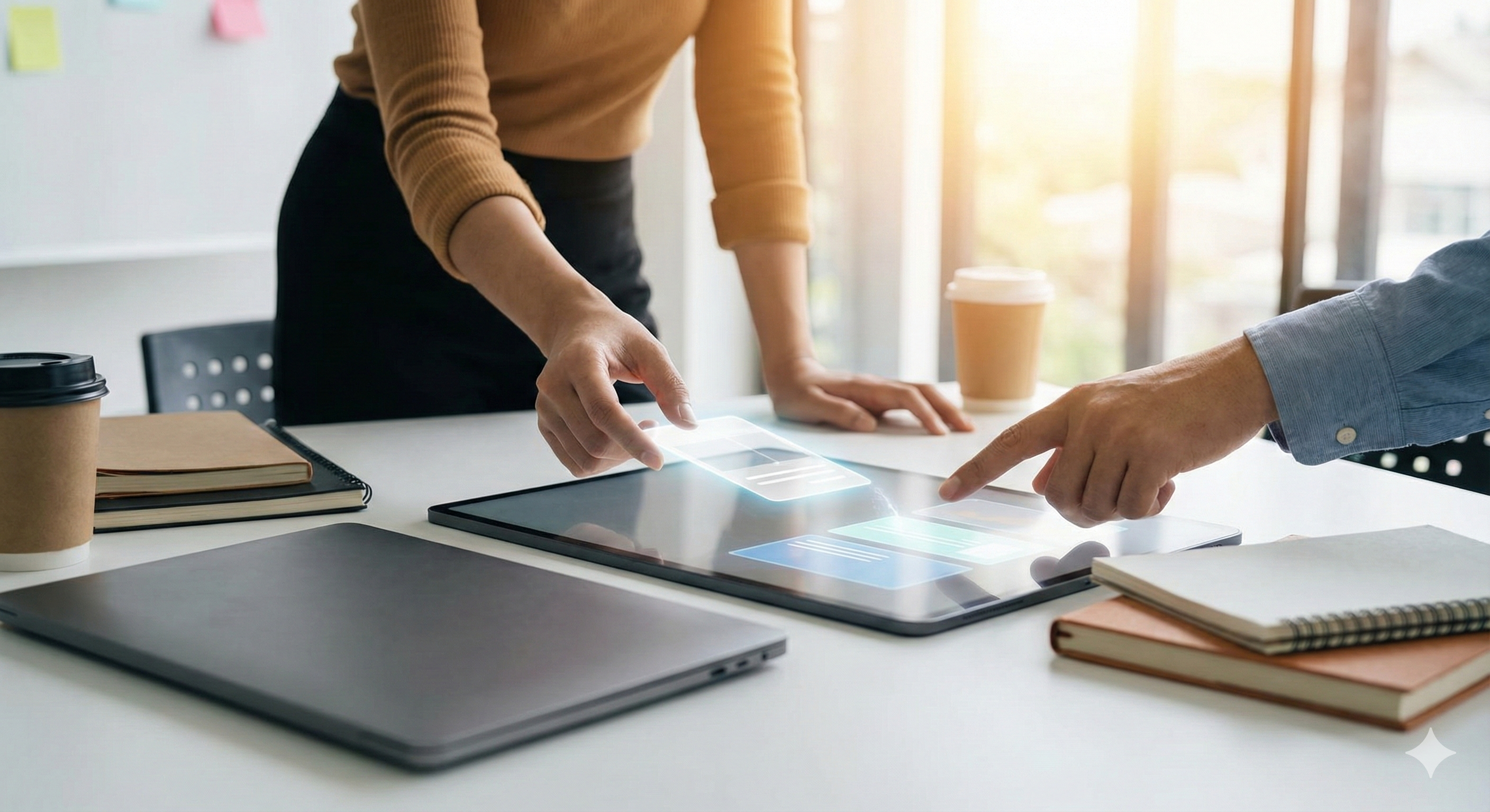 ידיים מניחות קוביות לגו דיגיטליות זוהרות המרכיבות יחד אפליקציה על מסך טאבלט, ללא כתיבת קוד