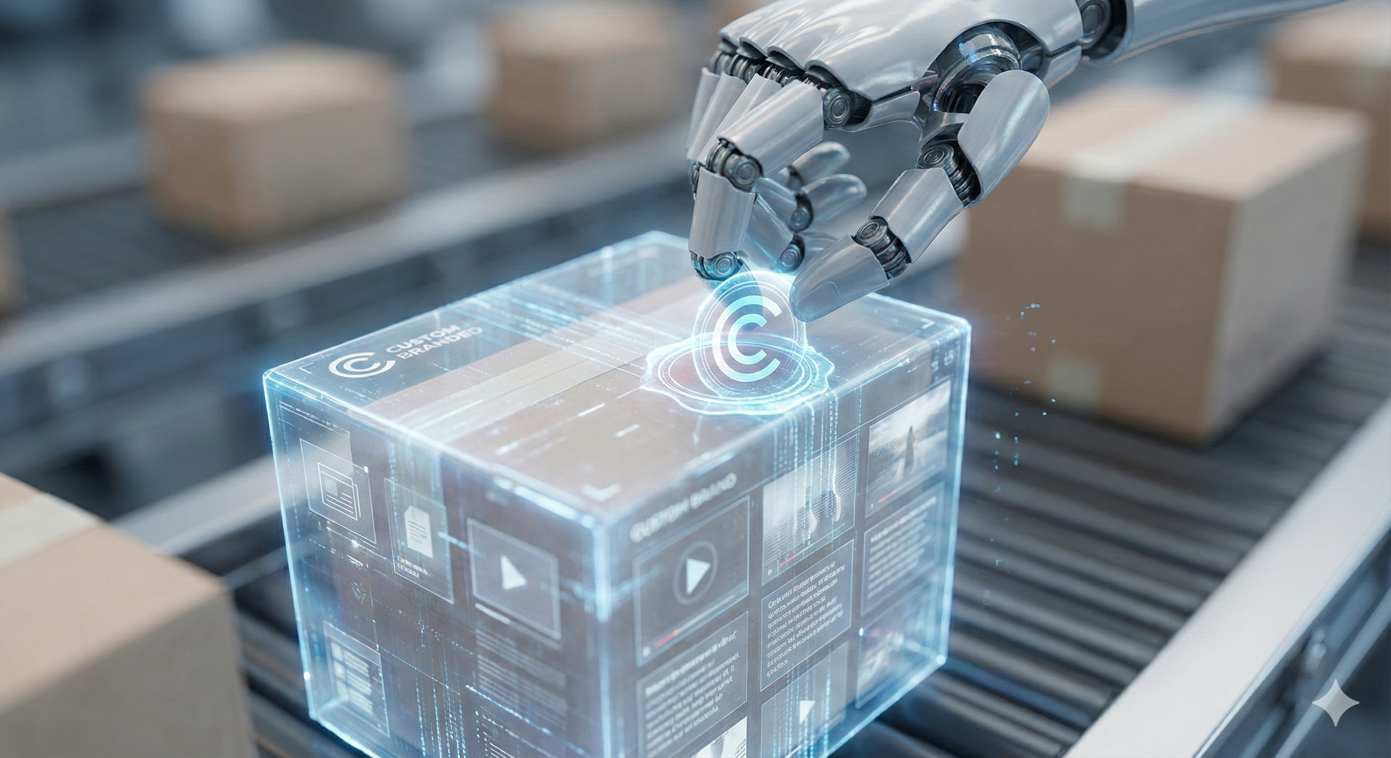 פס ייצור דיגיטלי עתידני שבו רובוטים אורזים חבילות תוכן מותאמות אישית בצבעי המותג, תחת פיקוח של מנהל אנושי.