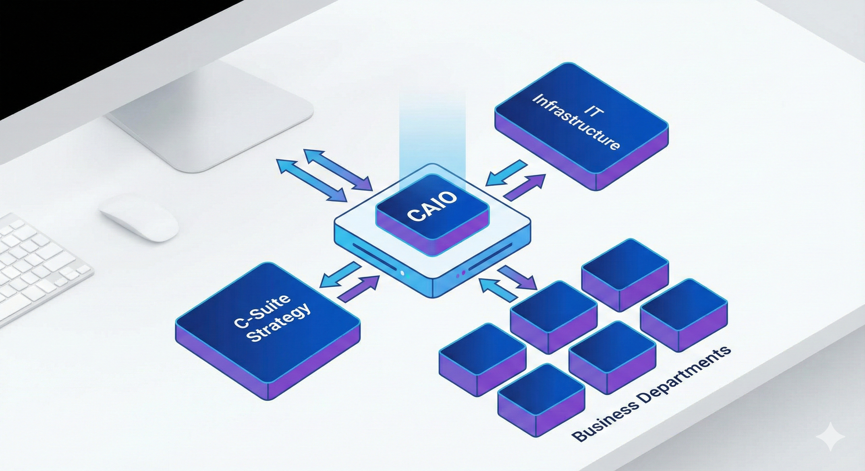 תרשים ארגוני מודרני המציג את ה-CAIO כגורם מקשר בין ההנהלה, ה-IT והמחלקות העסקיות