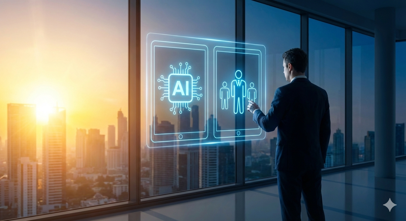 לוחות הברית דיגיטליים זוהרים, עליהם חרוטים סמלי בינה מלאכותית וניהול, על רקע זריחה טכנולוגית