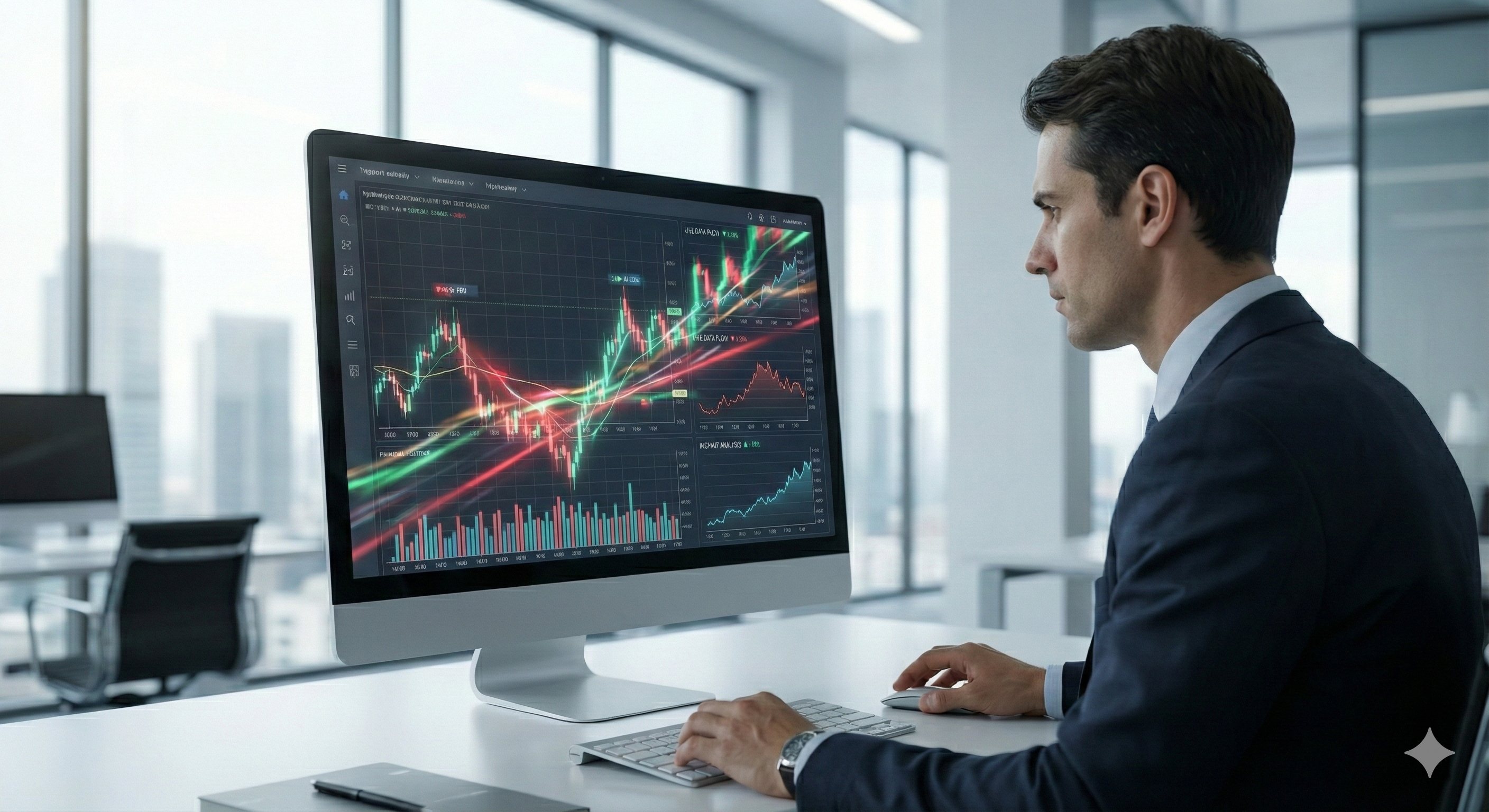 אדם יושב מול מסך מחשב המציג גרפים פיננסיים דינמיים ותובנות טקסטואליות הנוצרות בזמן אמת על ידי בינה מלאכותית