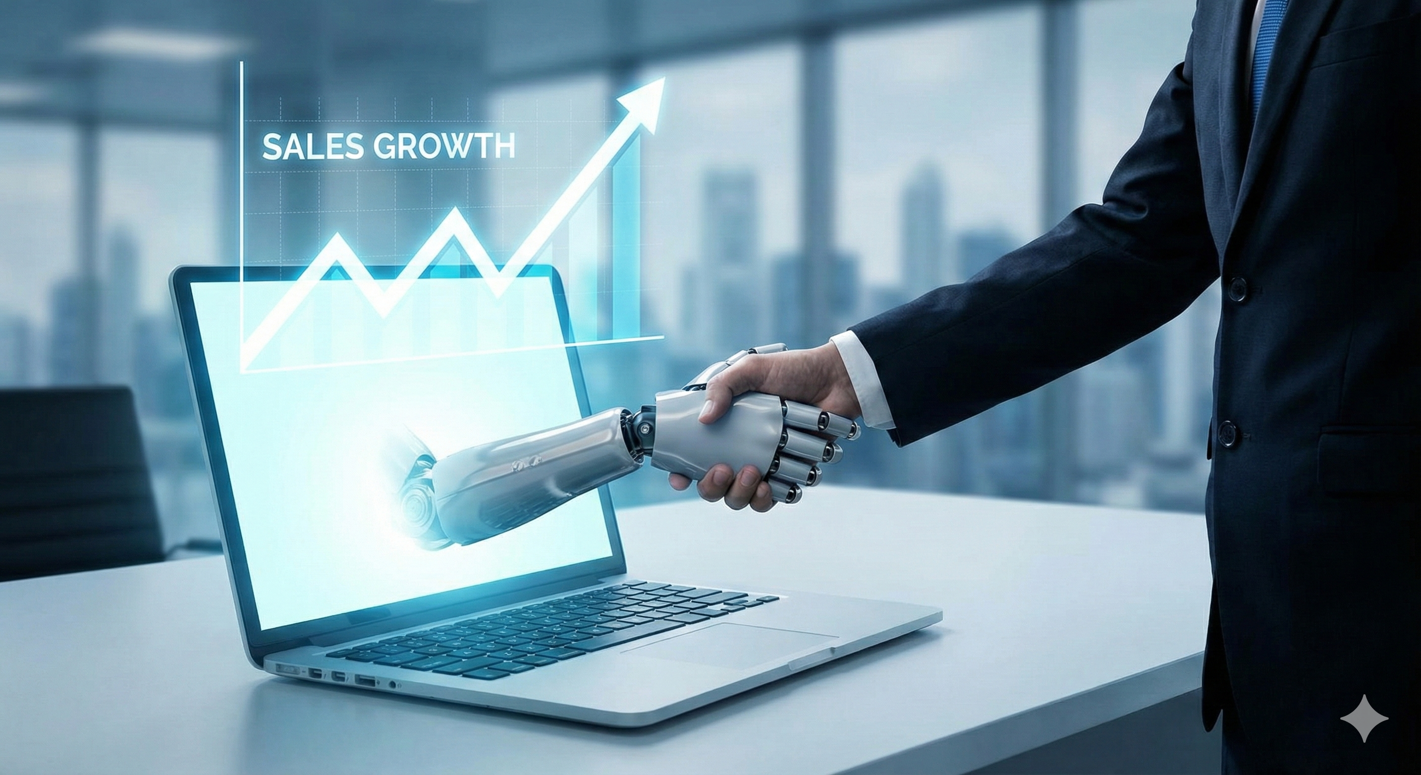 רובוט חכם לוחץ יד לאיש עסקים דרך מסך מחשב, על רקע גרף מכירות בעלייה תלולה