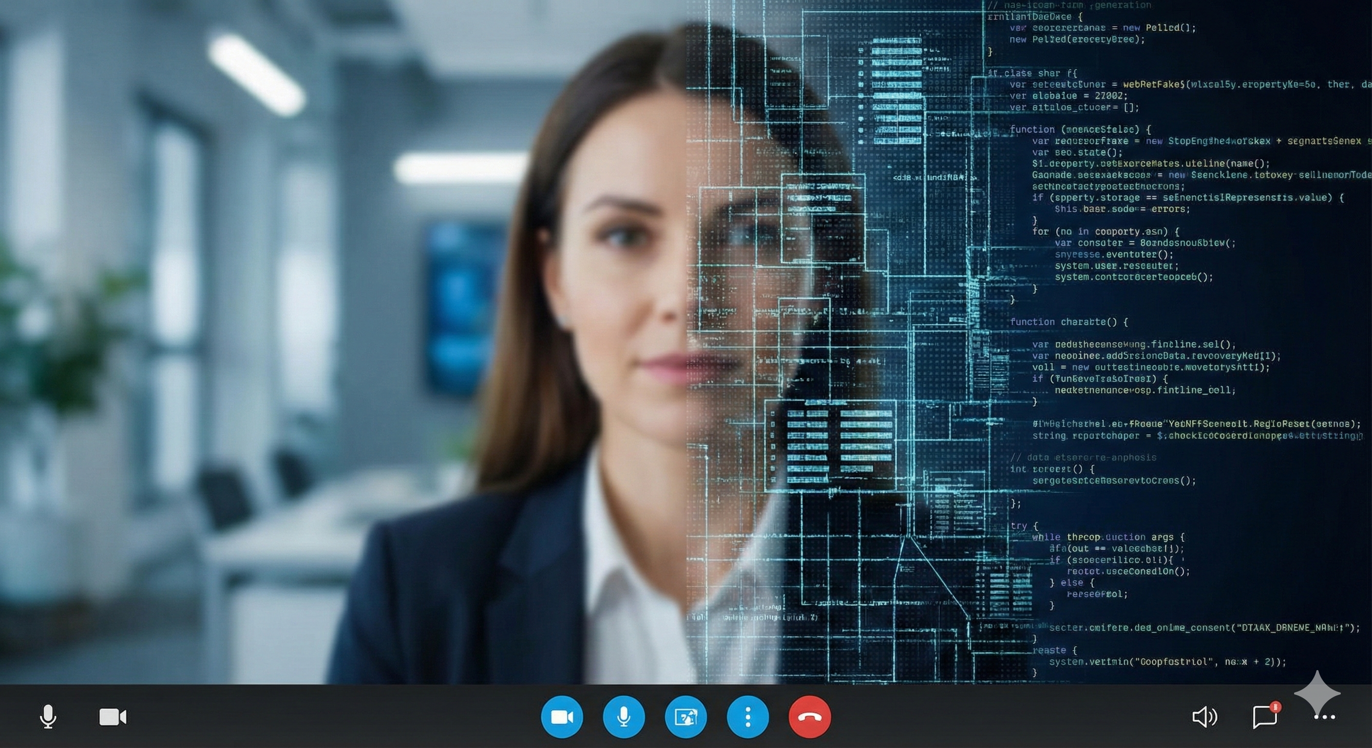 דמות עסקית בשיחת וידאו שחצי מפניה מפוקסלים וחושפים קוד דיגיטלי, המסמל את הזיוף שמאחורי התמונה