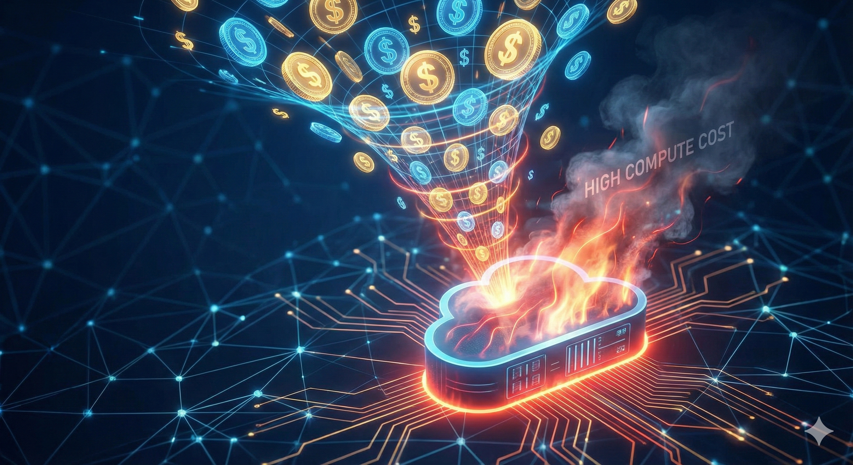 מטבעות דיגיטליים נופלים לתוך משפך המחובר לשרת ענן, הממחיש את העלות של צריכת משאבי מחשוב בבינה מלאכותית.